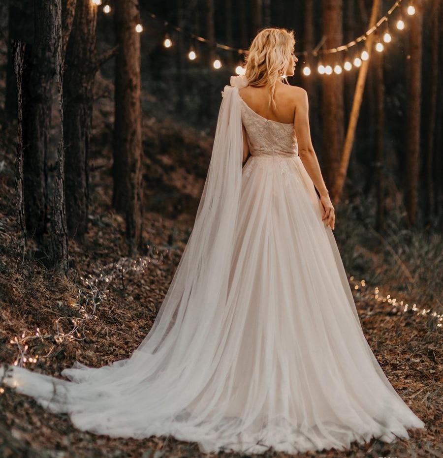 Elegant One Shoulder Pleated Beaded Applique Lace Wedding Gown - Perfect for Bridal Ceremony, Evening Gala & Formal Occasions