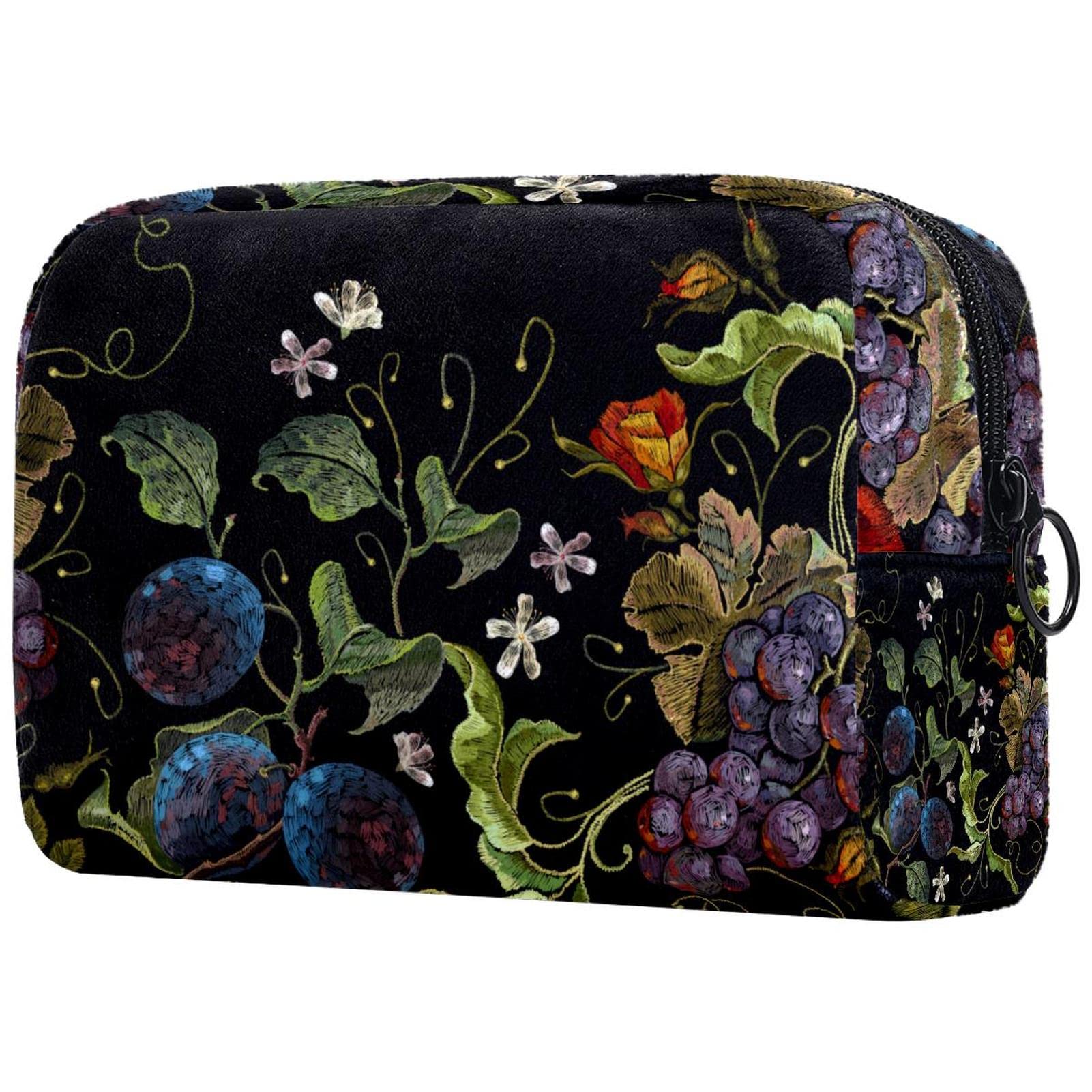 Waterproof Girls Grape Flower Cosmetic Bag - Black Makeup Toiletry Pouch with Cotton Zipper for Travel, Business Trips & Daily Use | Perfect for School, Gym & Vacation Essentials