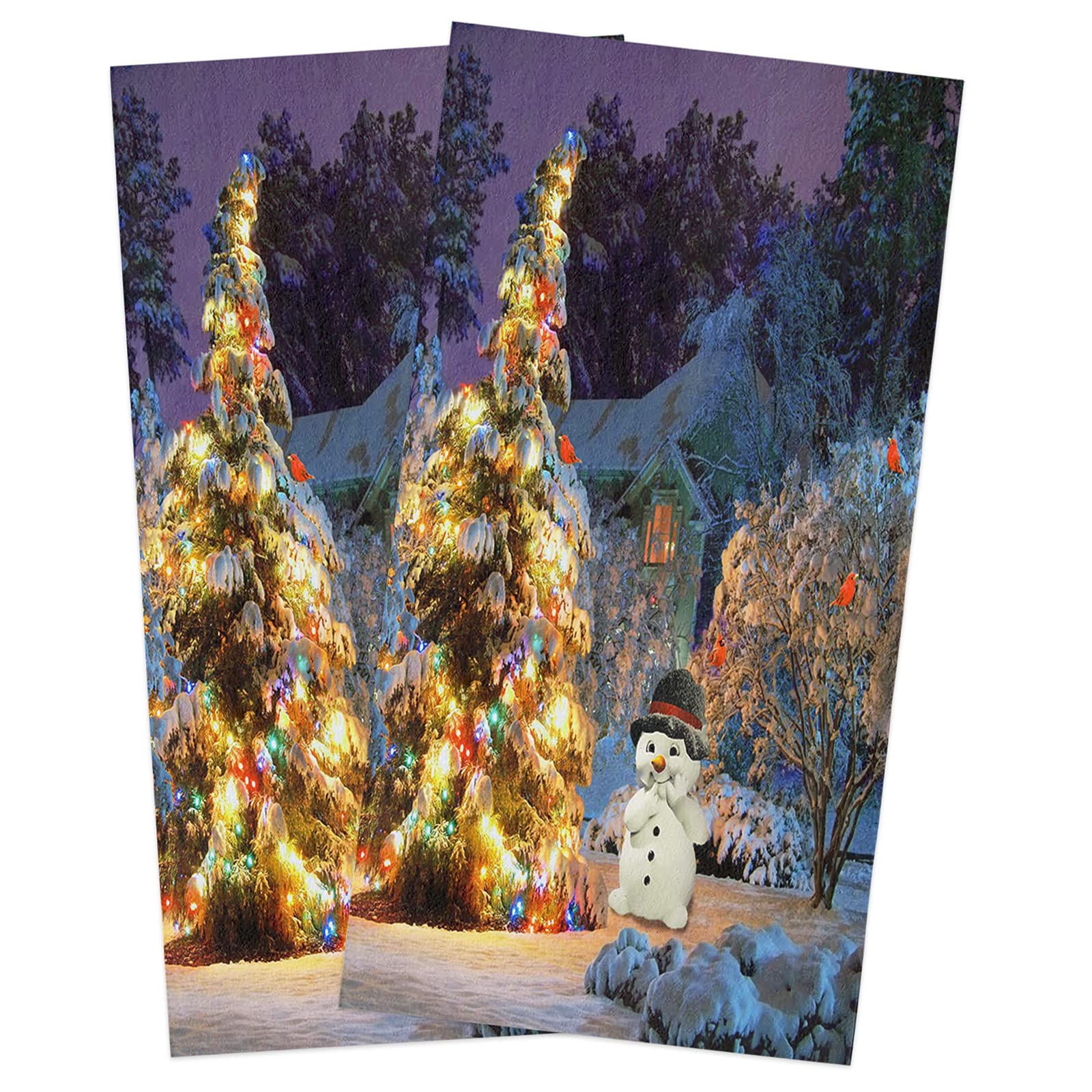 AXMSYun 2-Pack Christmas Cardinal Tree Kitchen Towels - Super Absorbent, Lightweight Dish Towels with Snowman Winter Design - Soft Hand Towels & Dishcloths for Home, Bar, Bathroom - Perfect for Holiday Decor, Dish Drying & Gift Giving