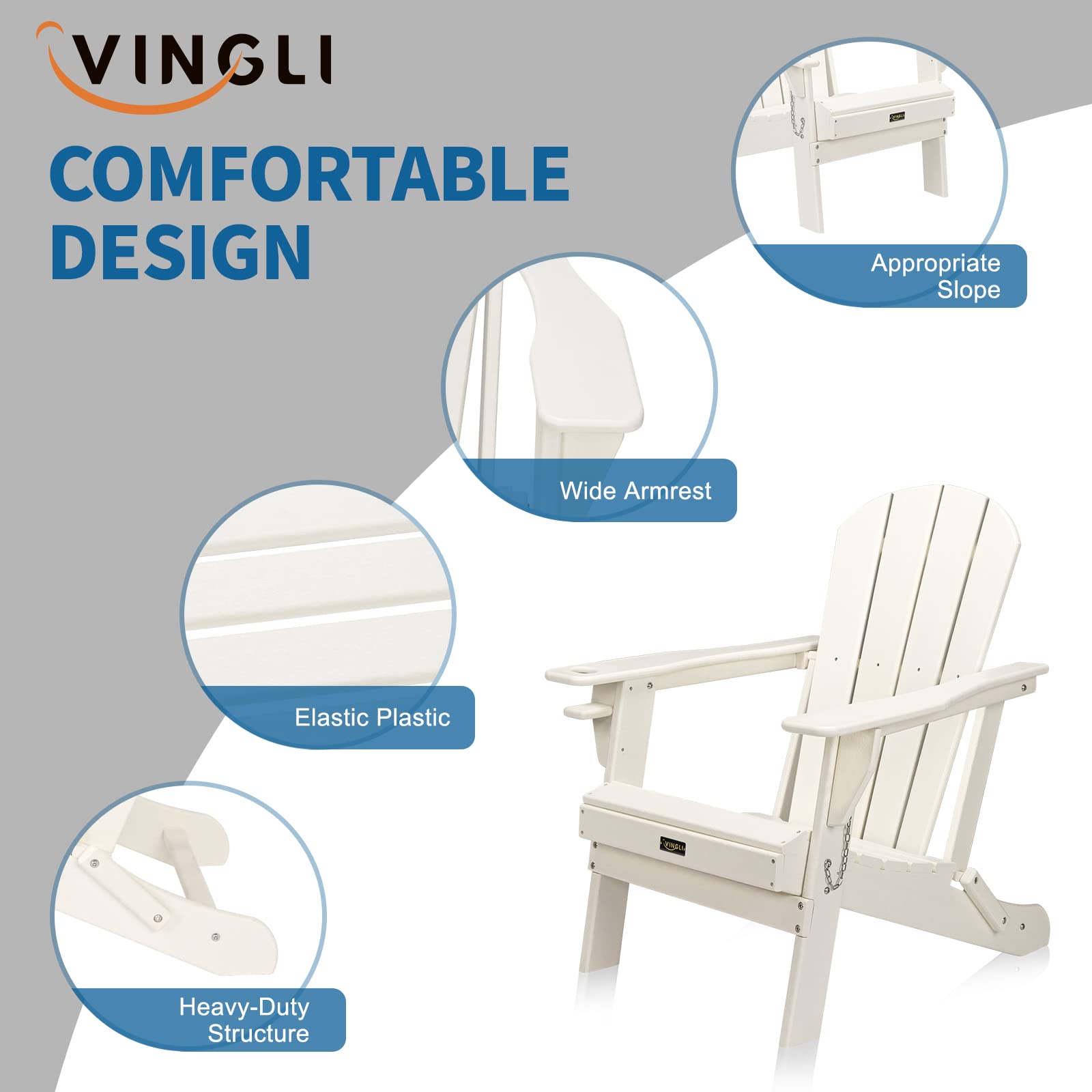 VINGLI 2-Piece Plastic Adirondack Chair Set with Folding Table - Outdoor Patio Furniture with Cup Holders, Waterproof HDPE Material, 380lb Weight Capacity - Perfect for Poolside, Garden, Backyard, and Firepit Relaxation (White)