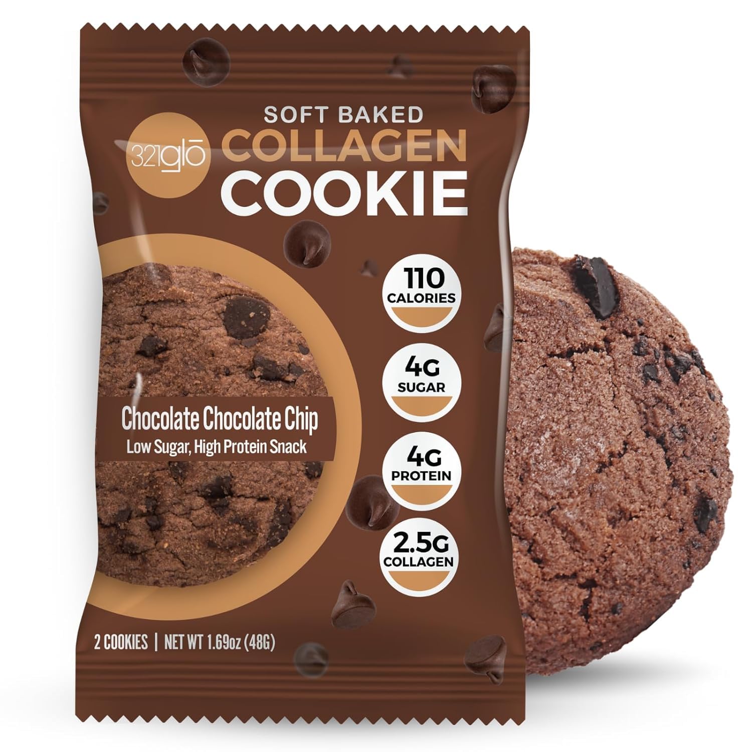 321glo Collagen Cookies - Soft Baked High Protein Low Carb Keto Snacks for Women, Men & Kids | 12 Pack Chocolate Chocolate Chip | Perfect for On-the-Go, Post-Workout & Healthy Dessert