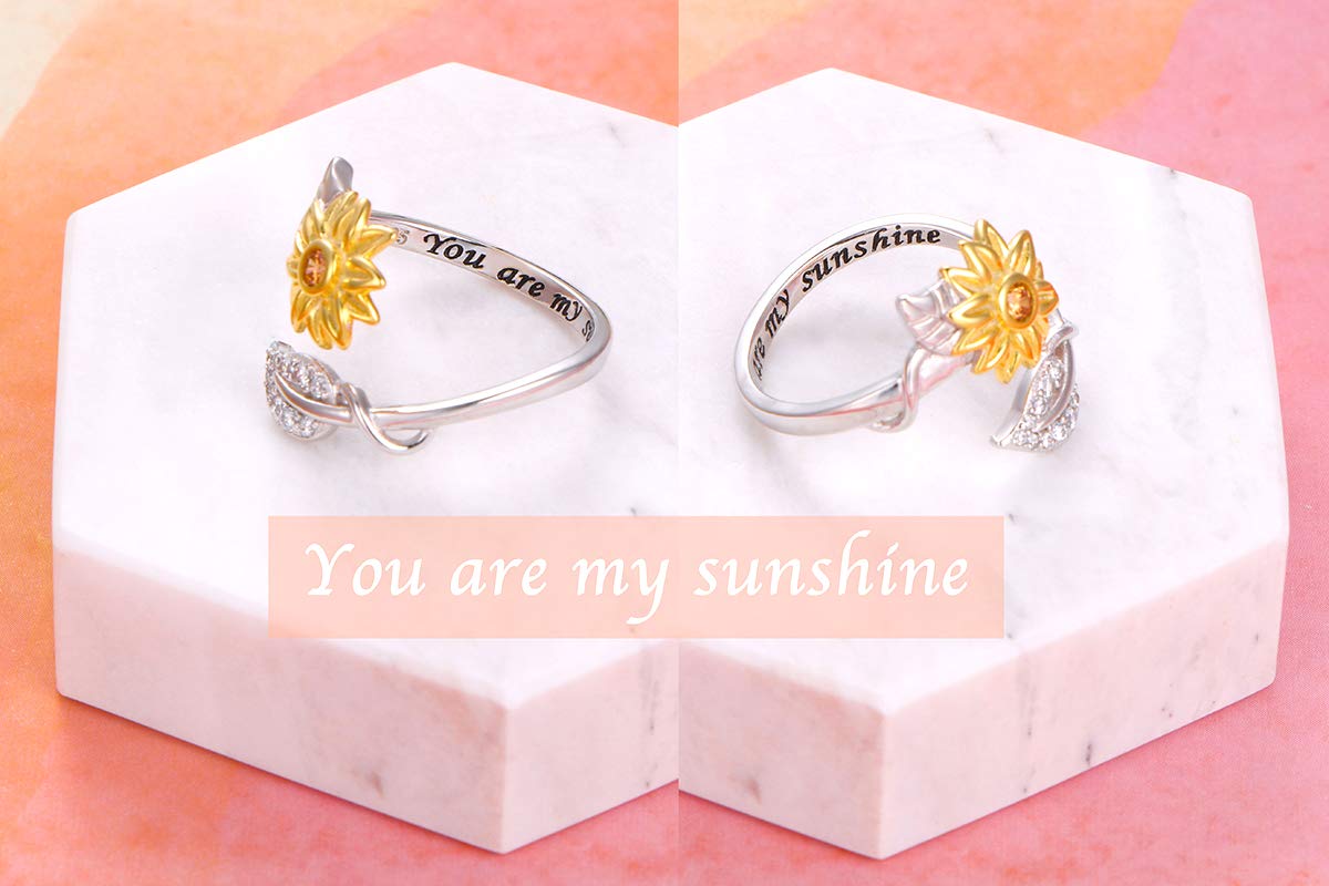 DAOCHONG Sterling Silver Sunflower Ring - You Are My Sunshine CZ Ring with 100 Languages 'I Love You' Stone | Anxiety Relief Fidget Spinner Jewelry | Perfect for Gifts, Weddings & Everyday Wear