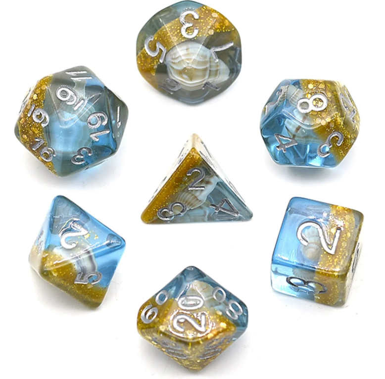 Blue and Gold Beach Conch Dice Set - 6 Premium Resin Dice for D&D, RPG, and Board Games - Perfect for Beach-Themed Game Nights and Tropical Party Decor