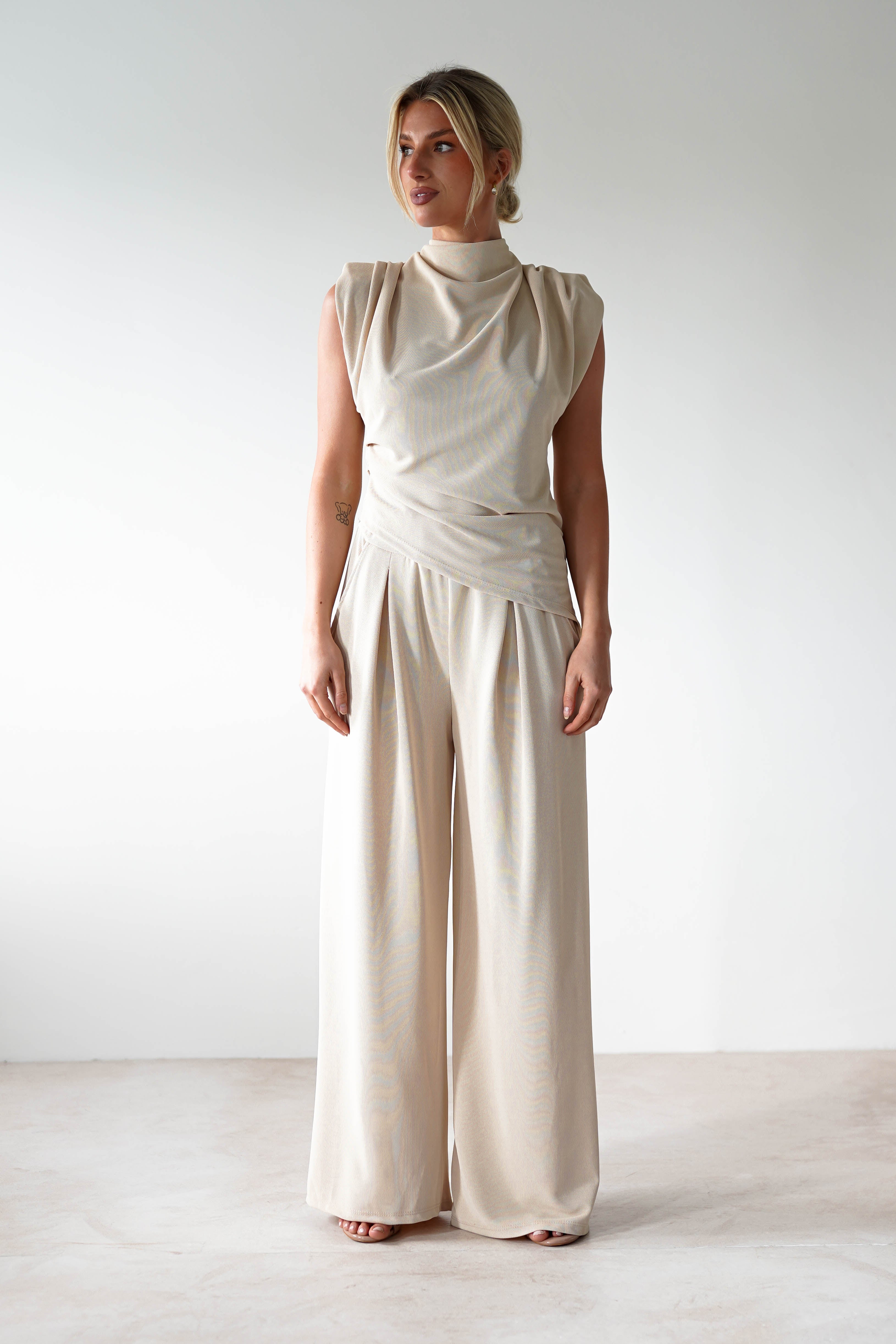 Mina Stretchy 2 Piece Set Women's Outfit - Soft Cream Lounge Wear for Yoga, Travel & Casual Comfort