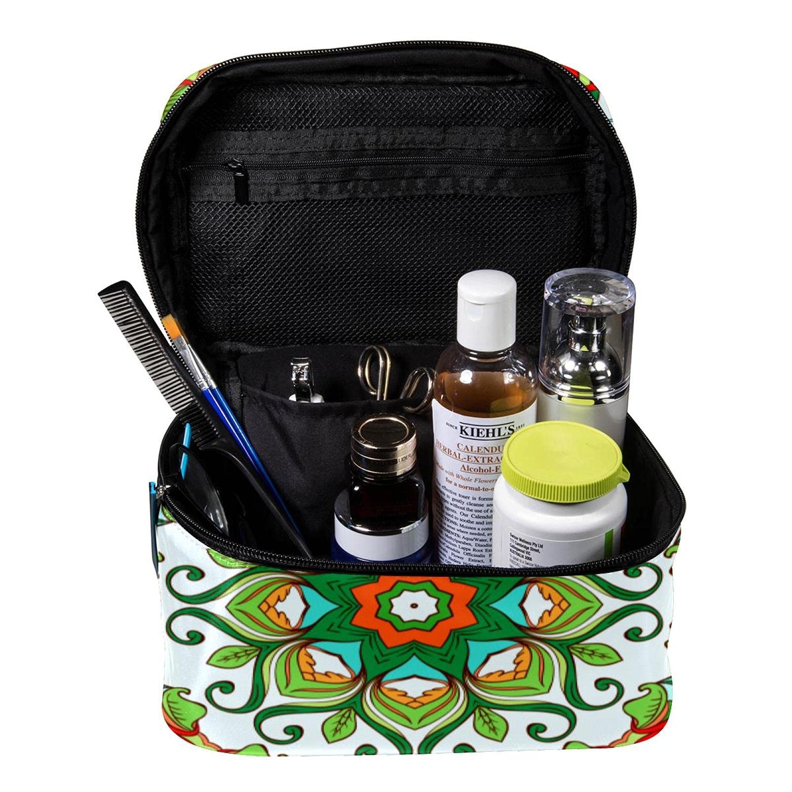Trippy Green Mandala Floral Travel Makeup Bag - Large Cosmetic Organizer with Zipper for Women & Girls | Perfect for Vacation, Gym, and Daily Essentials Storage