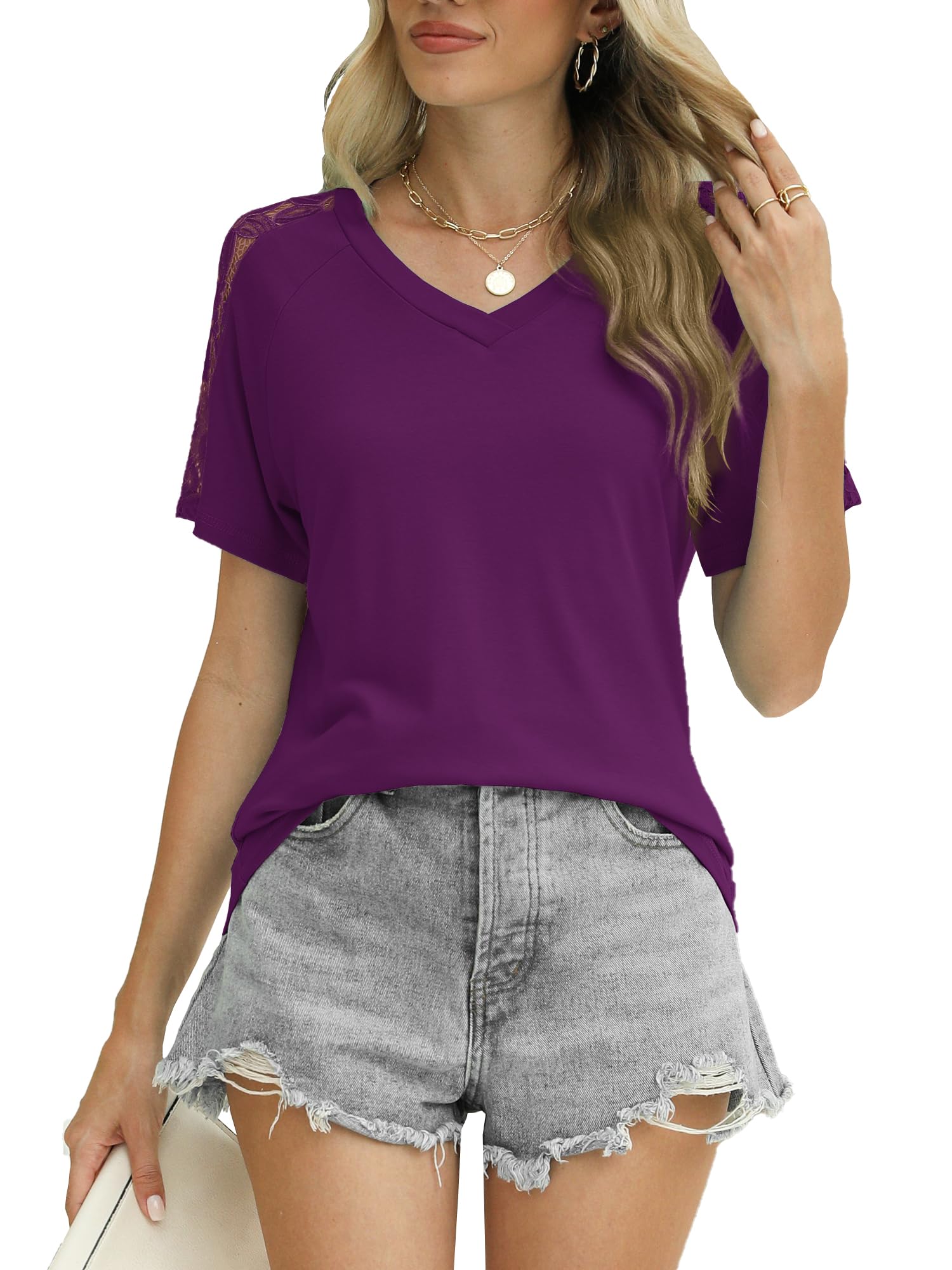 Women's Plus Size V-Neck Lace Short Sleeve Blouse - Flowy Spring Summer Tops for Casual Wear & Office Outfits | Perfect for Date Nights, Workwear & Weekend Outings