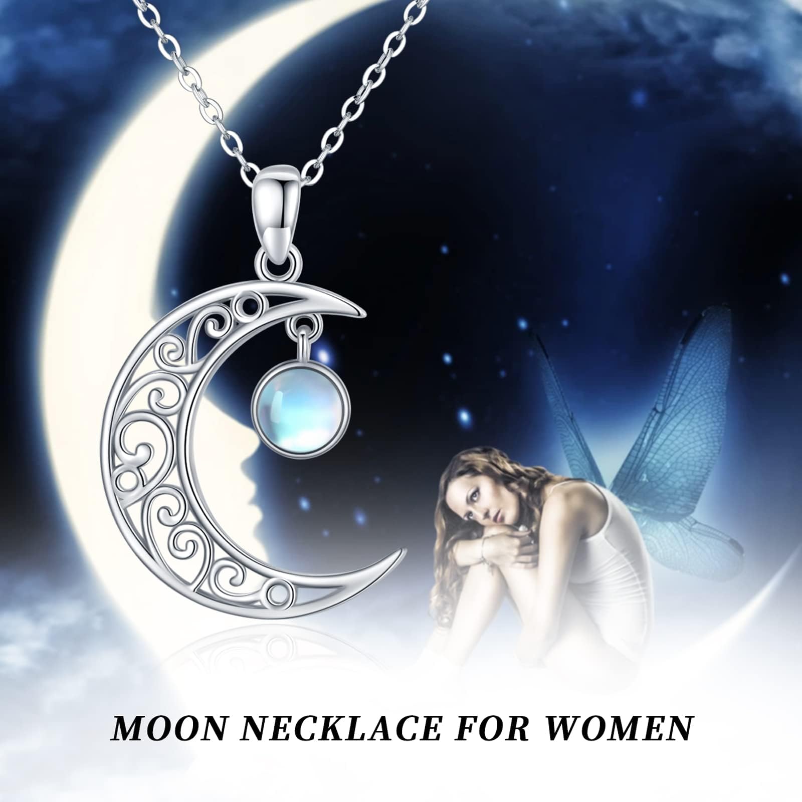 925 Sterling Silver Moon Necklace with Moonstone & Amber - Celtic Knot Moon Pendant Jewelry for Women | Birthday, Valentine's Day Gift for Her | Perfect for Boho Style, Spiritual Healing & Everyday Wear