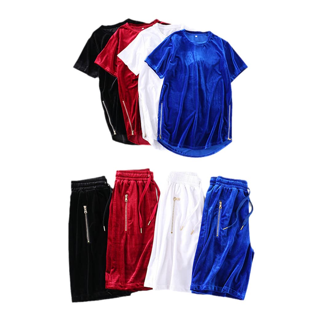 Men's Velvet Tracksuit Set - Side Zip T-Shirt & Velour Joggers Shorts 2-Piece Outfit | Spring Summer Streetwear Hip-Hop Fashion | Gym, Lounge & Casual Wear