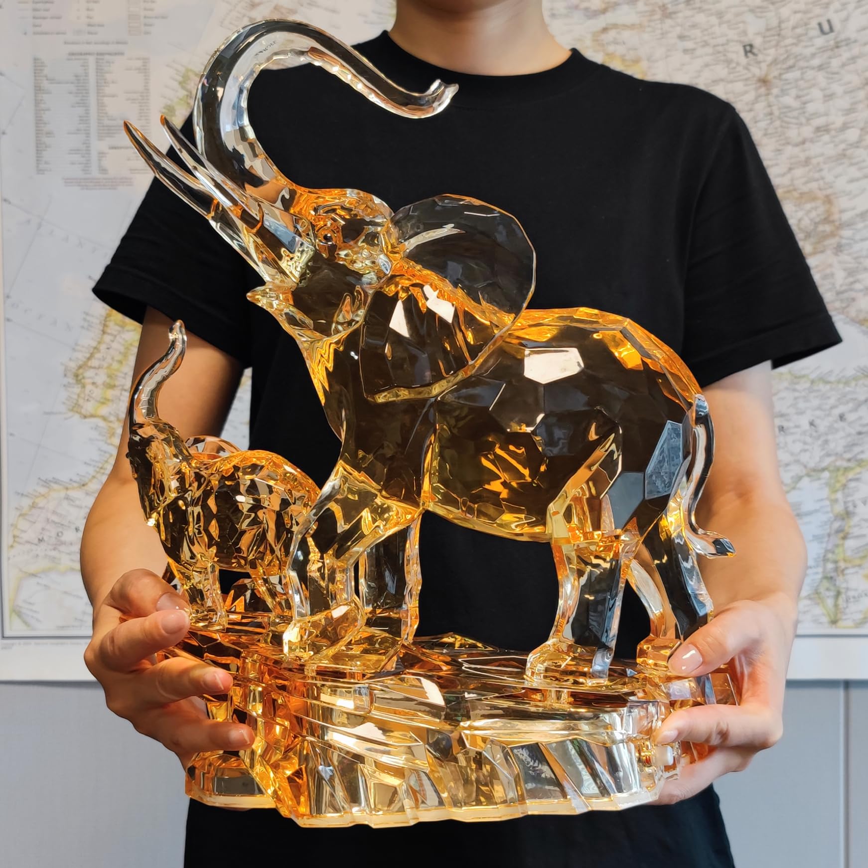 13.87'' Lucky Feng Shui Acrylic Elephant Statue - Mother & Baby African Elephant Figurine with Raised Trunk, Home Decor Gift for Mom, Housewarming, Office Desk & Meditation Space Decoration