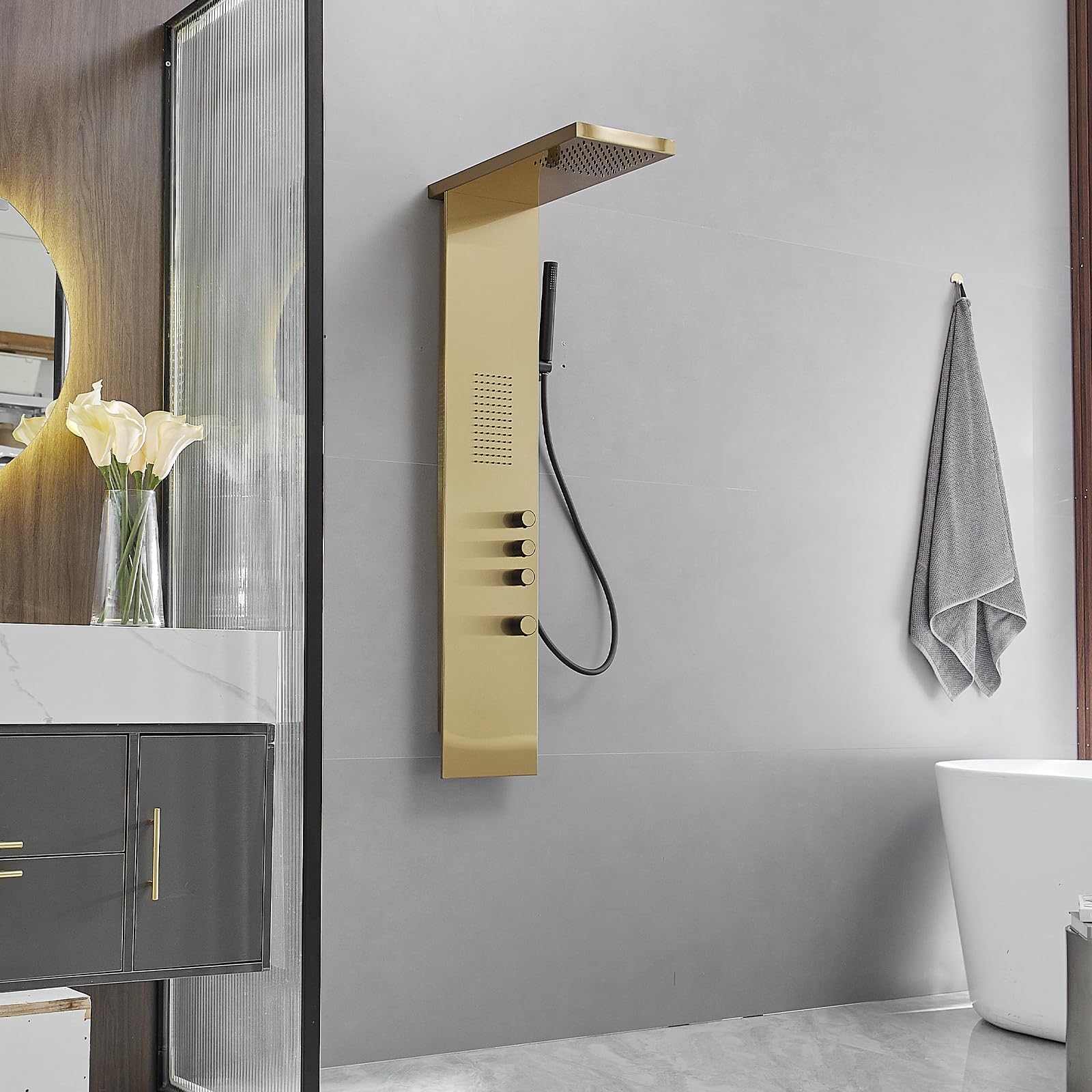 Premium Stainless Steel Shower Tower System with Rainfall Shower Head, Hand Shower & Body Jets - Brushed Gold Finish | Luxury Bathroom Upgrade for Spa-Like Experience