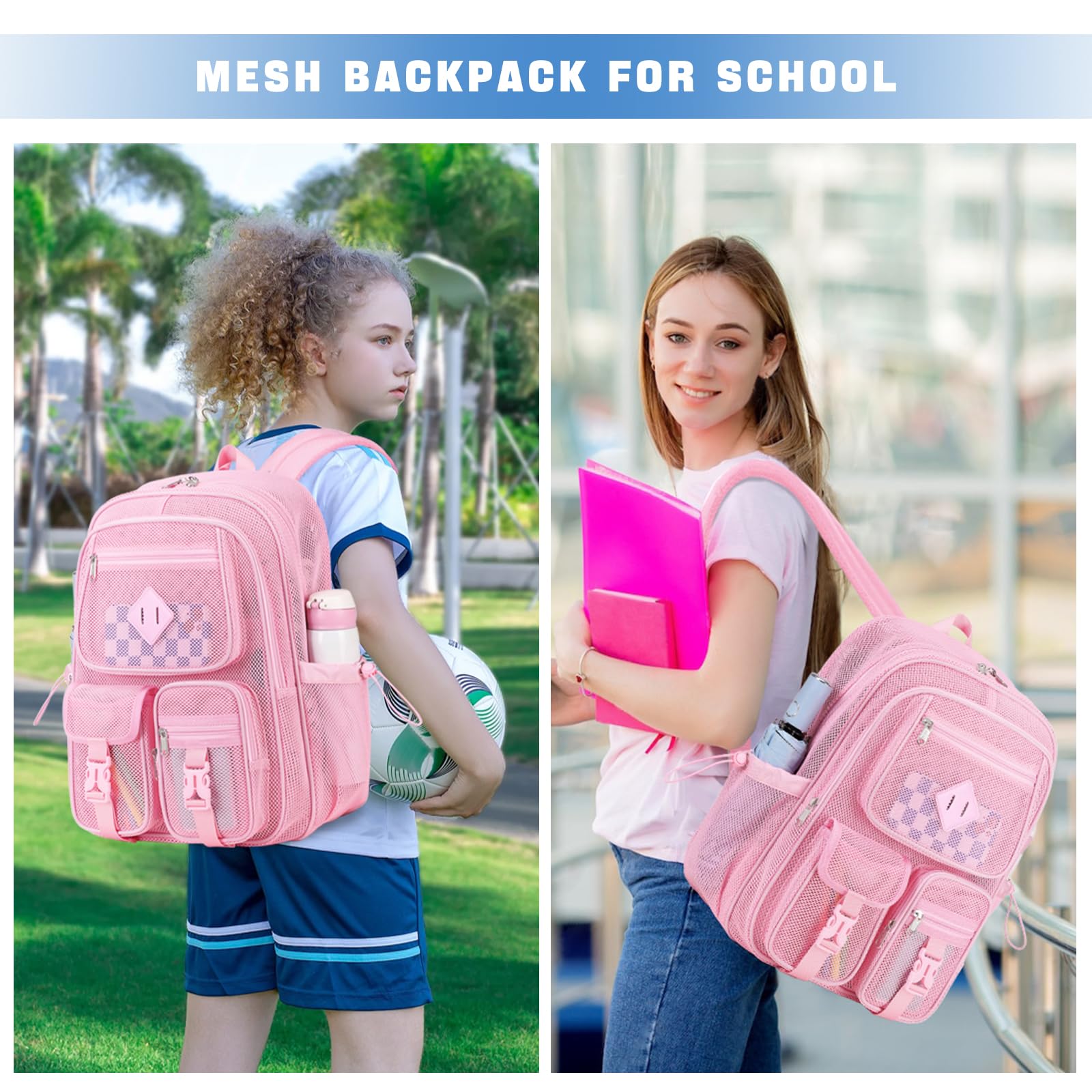MOONBABY Mesh Backpack for Women & Girls - Lightweight Breathable See-Through Bookbag for School, Beach, Swimming, Sports, Work & Travel - Durable Semi-Transparent Net Backpack (Pink) - Perfect for Gym, Pool Days & Outdoor Adventures