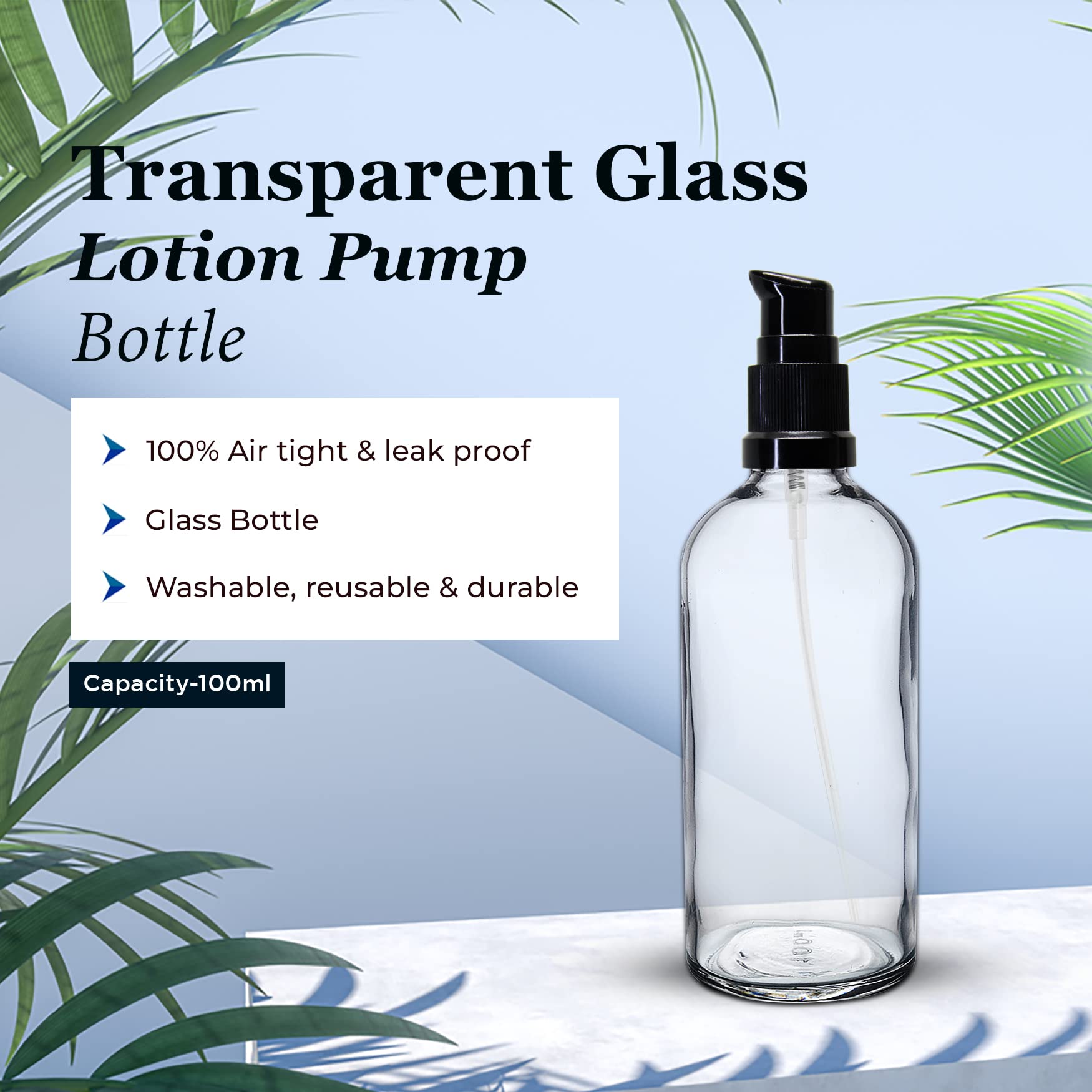 NSB Herbals 100ml Clear Round Empty Glass Bottle with Lotion Pump & Black Cap - Essential Oil Bottles, Cosmetic Containers, Skin Care Dispensers (Pack of 9) | Perfect for DIY Beauty Products, Aromatherapy, and Travel-Sized Toiletries