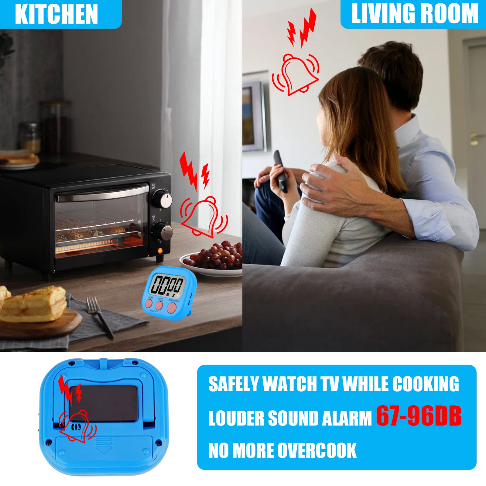 6 Pack Multi-Function Digital Timer with Magnetic Back - Large LCD Display, Loud/Silent Switch, Countdown Function for Kitchen, Gym, Office, Classroom & Home Use