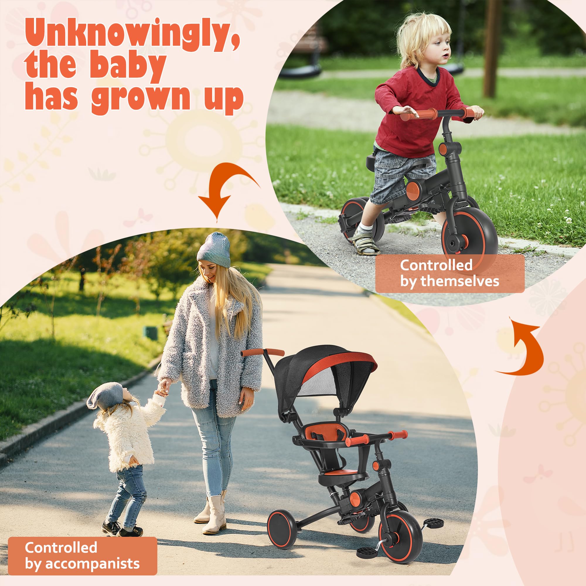 8-in-1 Toddler Push Tricycle with Parent Handle - Adjustable Balance Bike for 1-4 Year Old Boys & Girls - Perfect First Bike for Learning & Outdoor Play - Ideal Birthday Gift for Toddlers