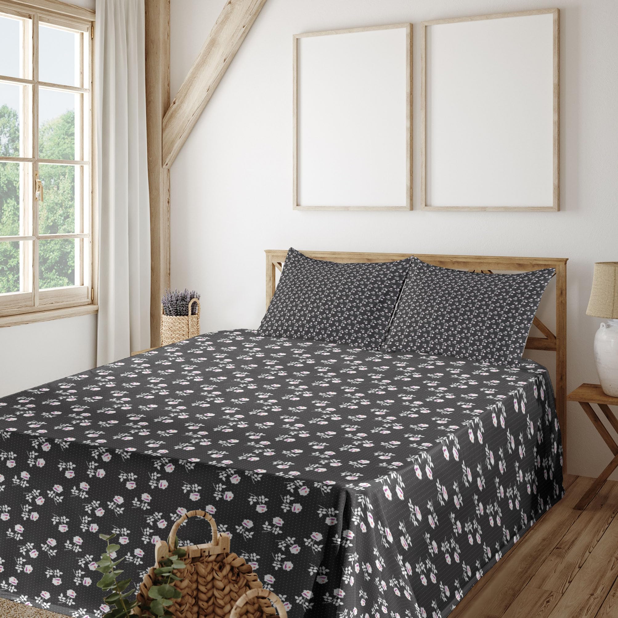 Ambesonne Floral King Sheet Set - 4 Piece Bedding with Flower Silhouettes & Mini Polka Dots Design, Includes Fitted Sheet, Flat Sheet & 2 Pillowcases, Dark Taupe Grey Fuchsia - Perfect for Master Bedroom, Guest Room & Cozy Home Decor