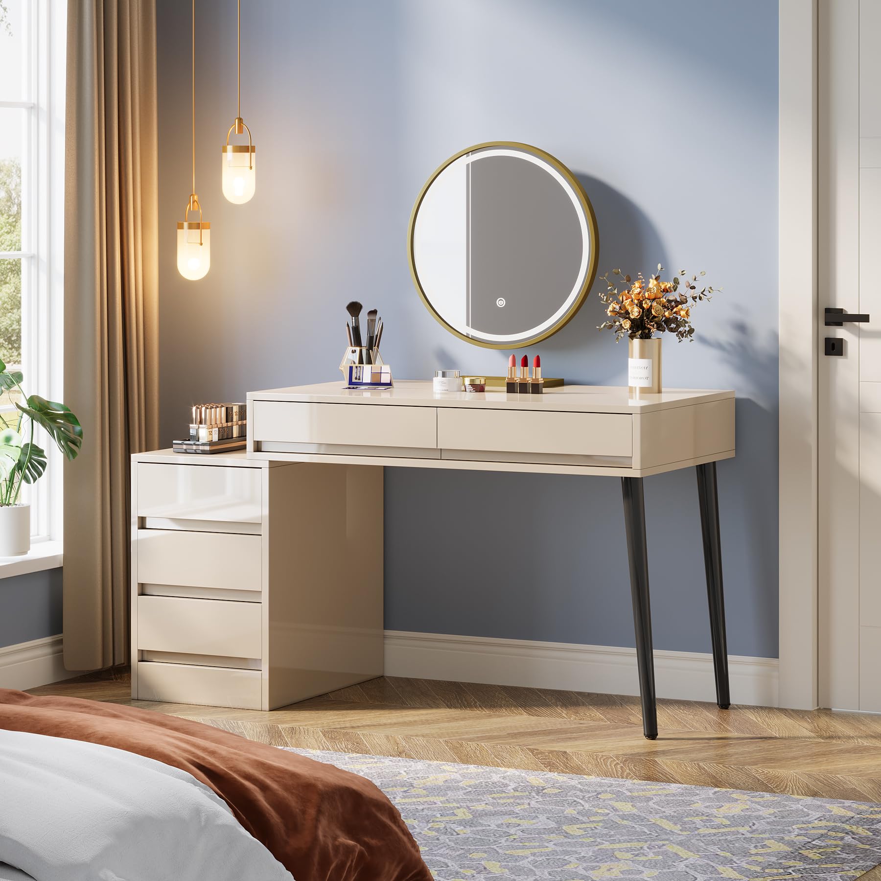 Tribesigns 5-Drawer Vanity Desk with Reversible Cabinet - High Gloss Makeup Table & Computer Desk for Bedroom or Office, Beige (No Mirror) - Perfect for Cosmetics Storage, Workstation & Home Office Organization