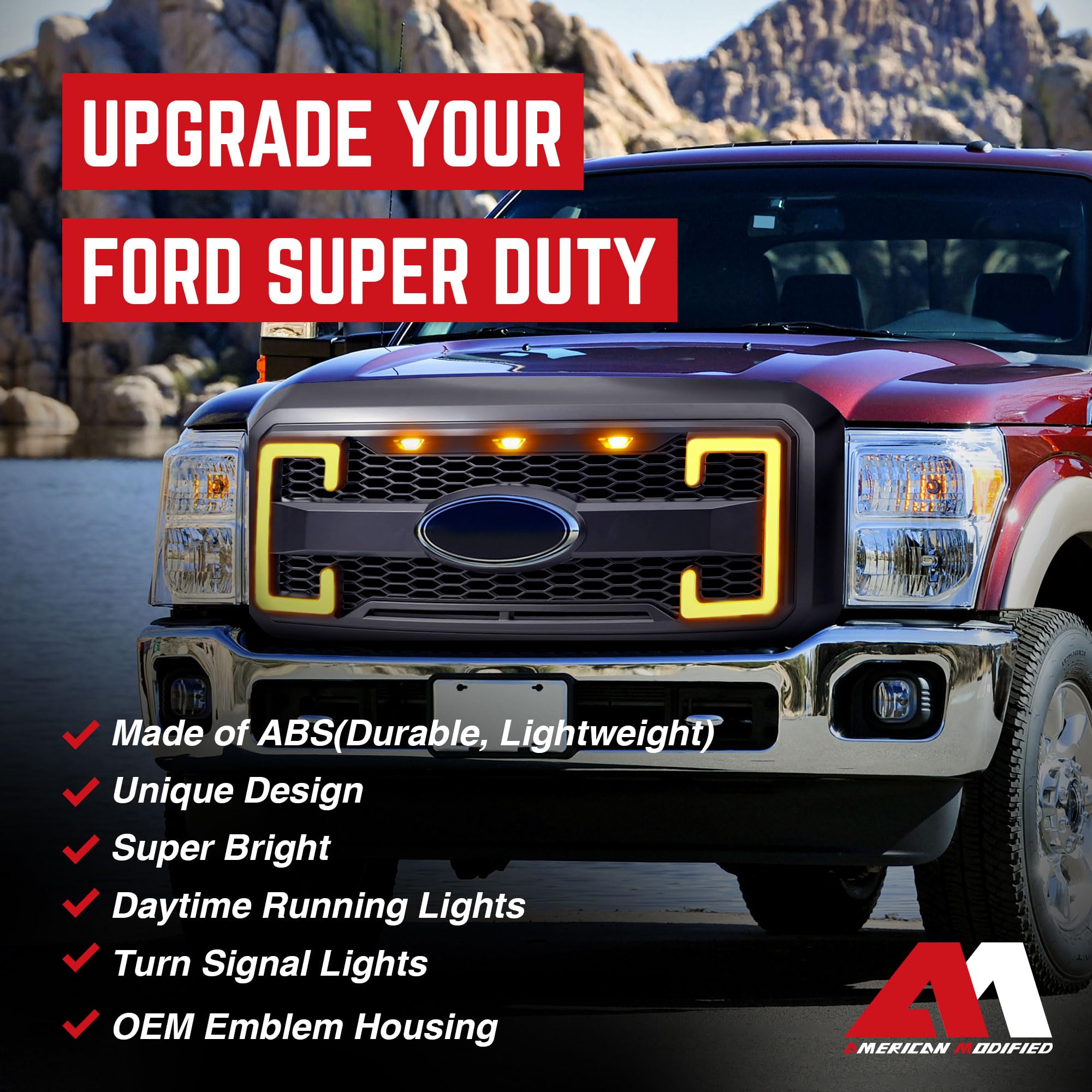 **2011-2016 Ford F250 F350 F450 F550 Matte Black Raptor Front Grille with DRL & Turn Signal Lights | Heavy-Duty Truck Upgrade | Off-Road & Street Style Enhancement**