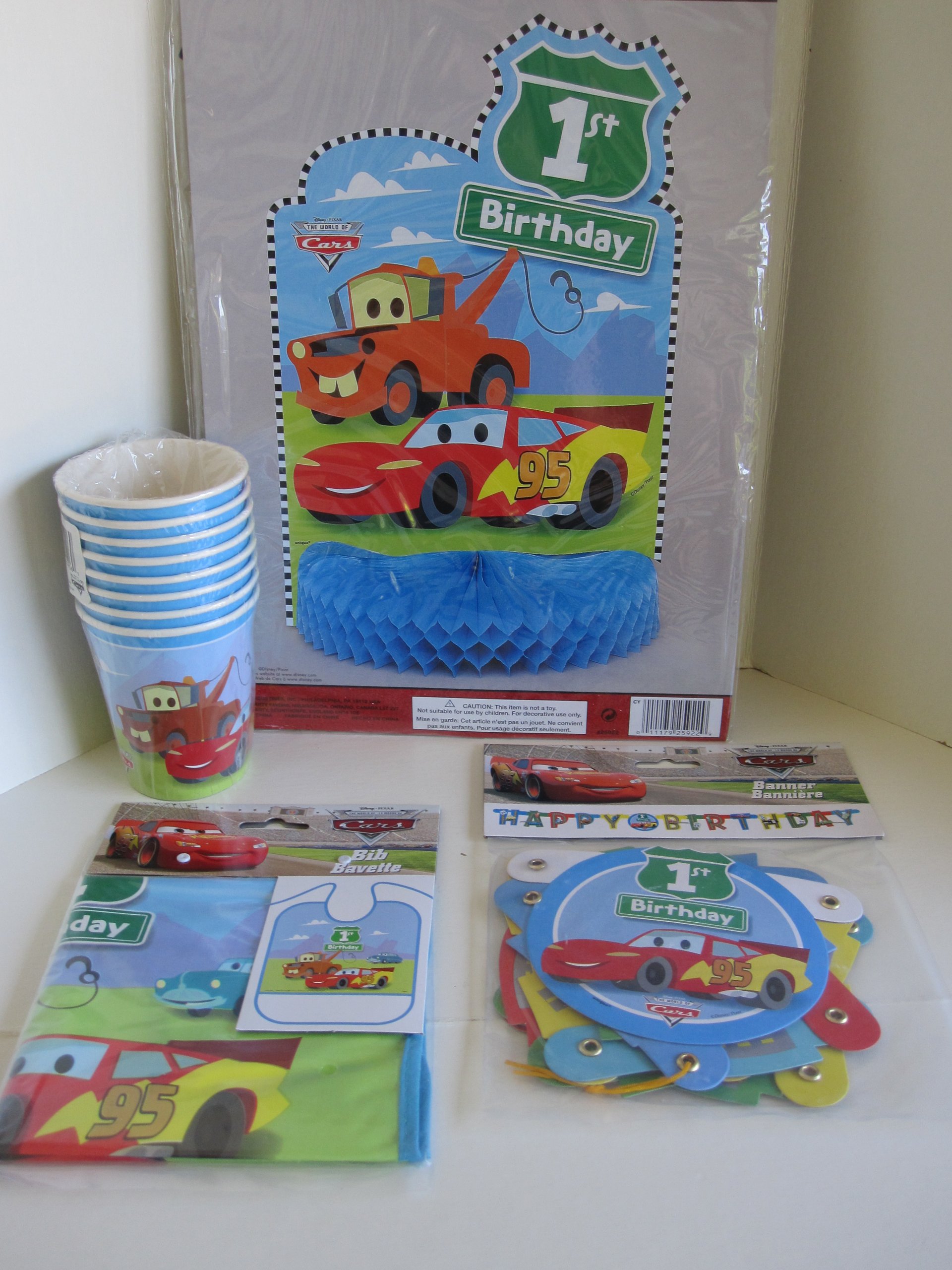 Disney Pixar Cars Party Supplies Set - 8 Cups, Jointed Banner, Centerpiece & 1st Birthday Bib - Perfect for Kids Birthday Party, Baby Shower & Themed Decorations