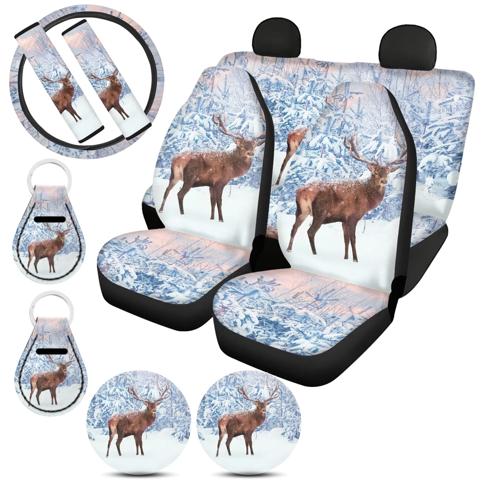 Universal Car Seat Covers Full Set 11-Piece for Women - Snow Deer Print Steering Wheel Cover, Animal Print Seat Belt Covers, Girly Truck Accessories & Keychain Cup Coasters - Perfect for Car Interior Upgrade & Stylish Vehicle Customization
