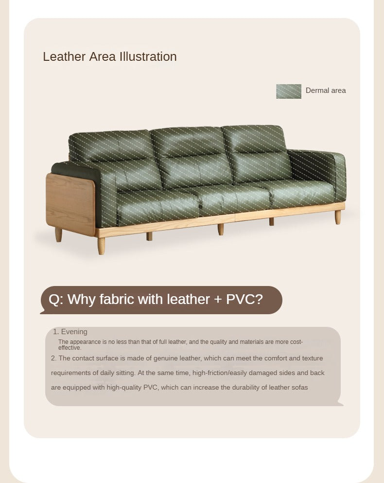 Premium Oak Solid Wood Straight High Back Cloth Leather Sofa - Modern Living Room Furniture for Home Office & Lounge Comfort