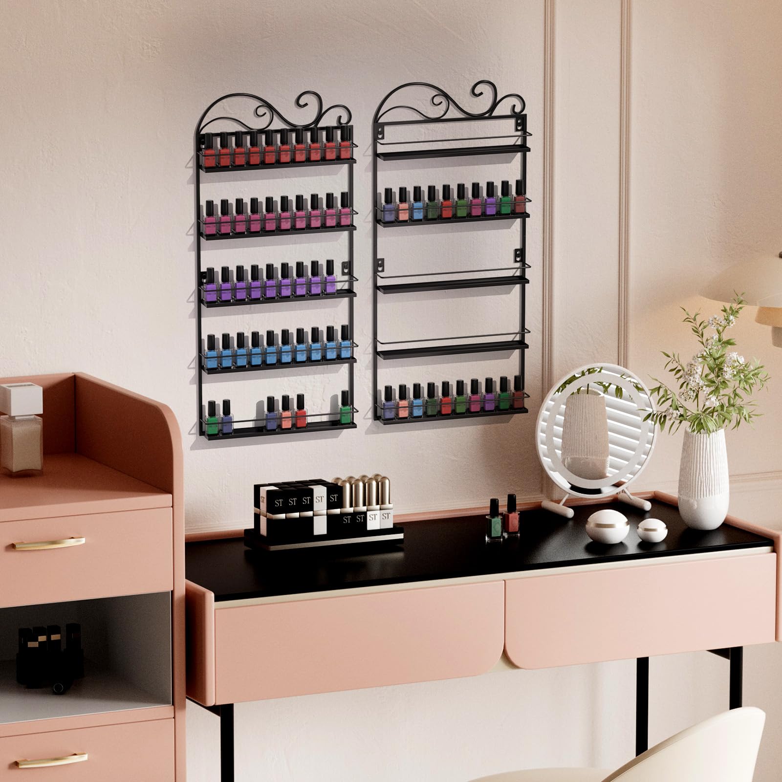 ERYTLLY Wall Mounted Nail Polish Organizer Rack - Rectangle Nail Polish Storage Holder Stand for Salon & Home Use, Space-Saving Nail Art Display Shelf (Black) - Perfect for Salon Organization, Home Decor & DIY Manicure Stations