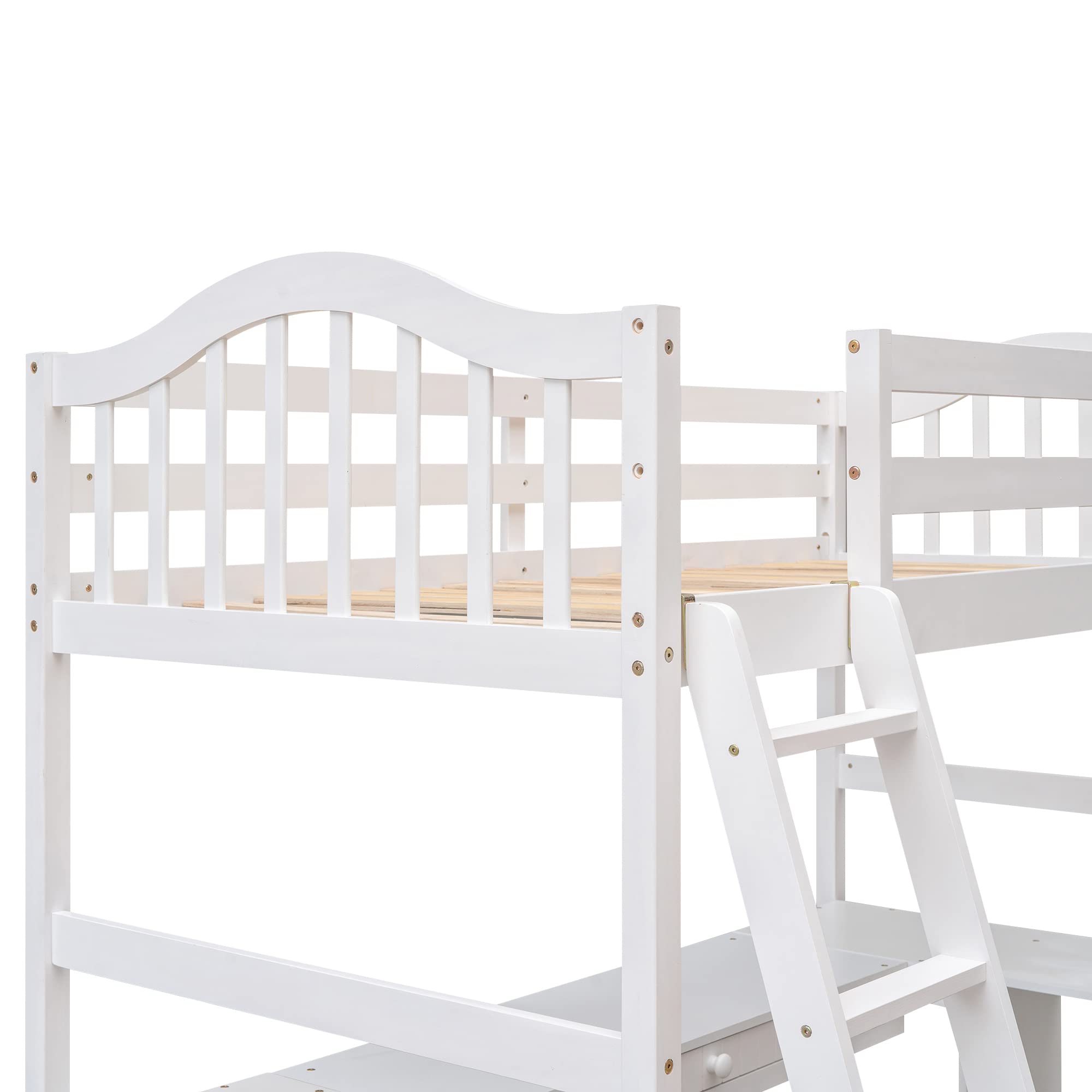SOFTSEA Twin Size High Loft Bed with Desk, Cabinet & Bookcase - Solid Wood Loft Bed Frame with Storage for Kids & Teens - Space Saving Bedroom Furniture for Small Rooms - No Box Spring Needed (White)