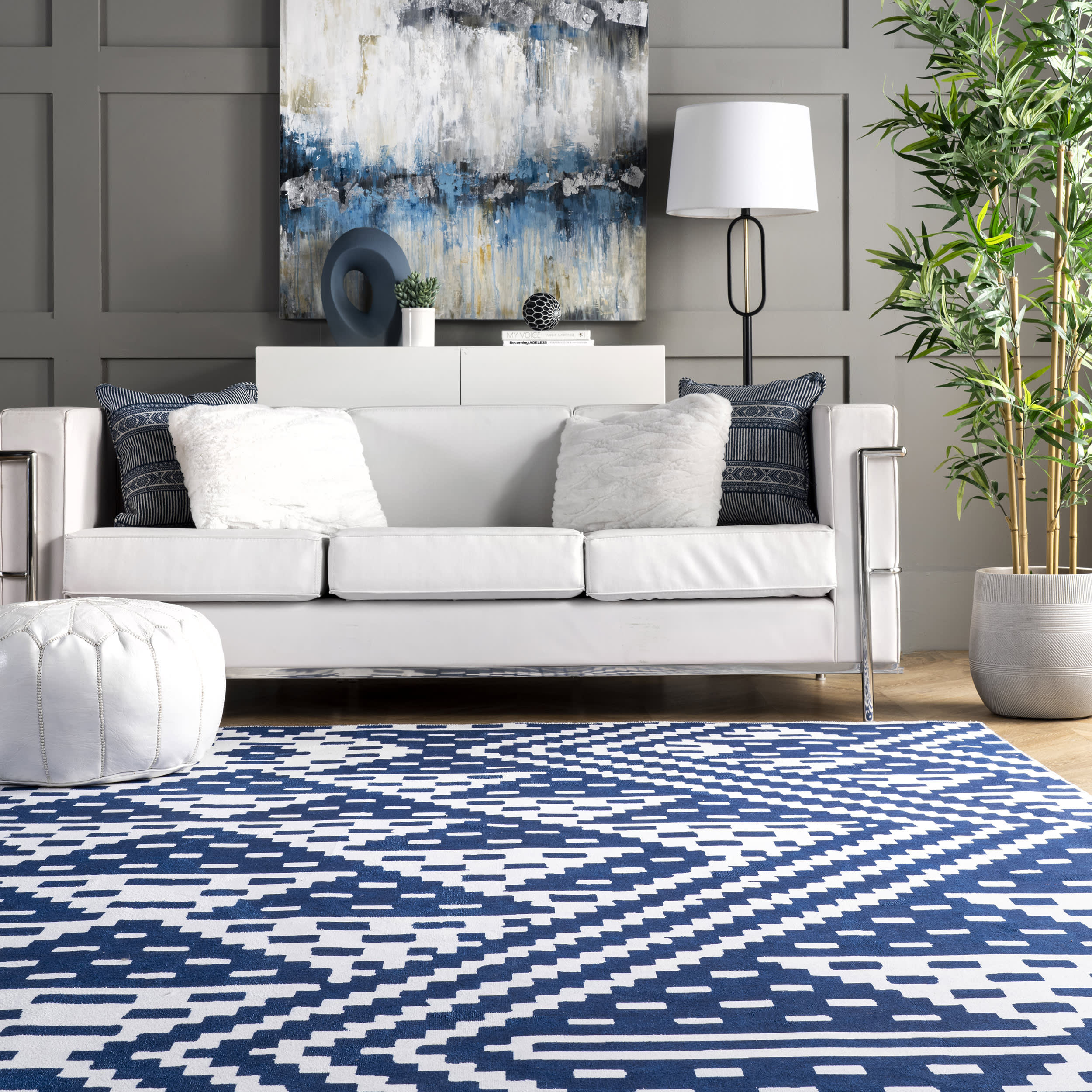 Alexis Trellis Washable Rug - Navy Blue Indoor/Outdoor Area Rug for Living Room, Bedroom, Patio - Non-Slip, Stain Resistant & Machine Washable