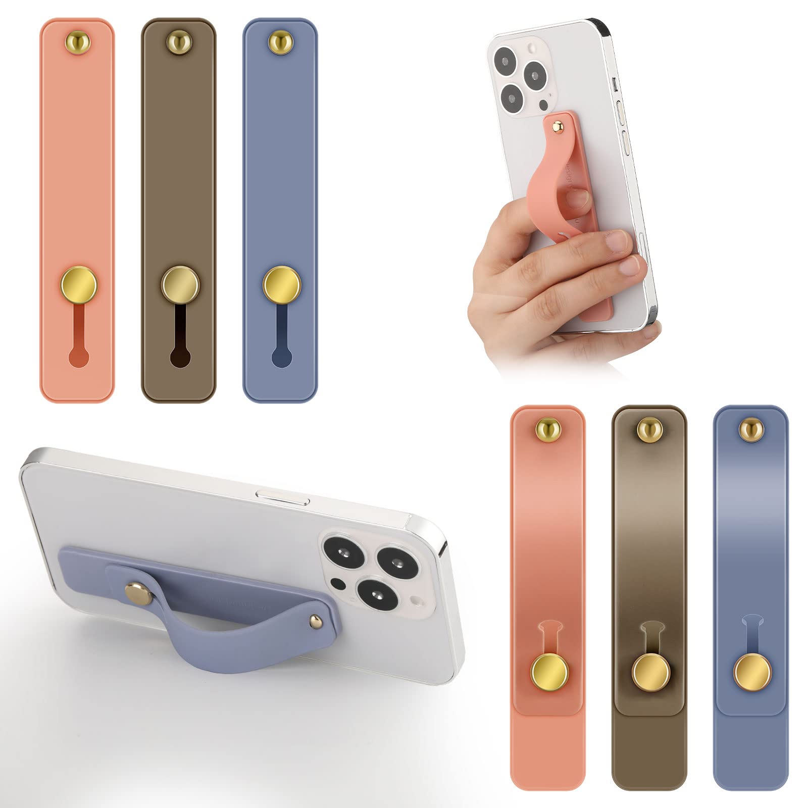 WeeWooday 6-Pack Universal Phone Grip Holder - Expandable Finger Strap & Kickstand for iPhone, Samsung & Most Smartphones (Blue, Pink, Brown) - Perfect for Gaming, Selfies & Hands-Free Viewing