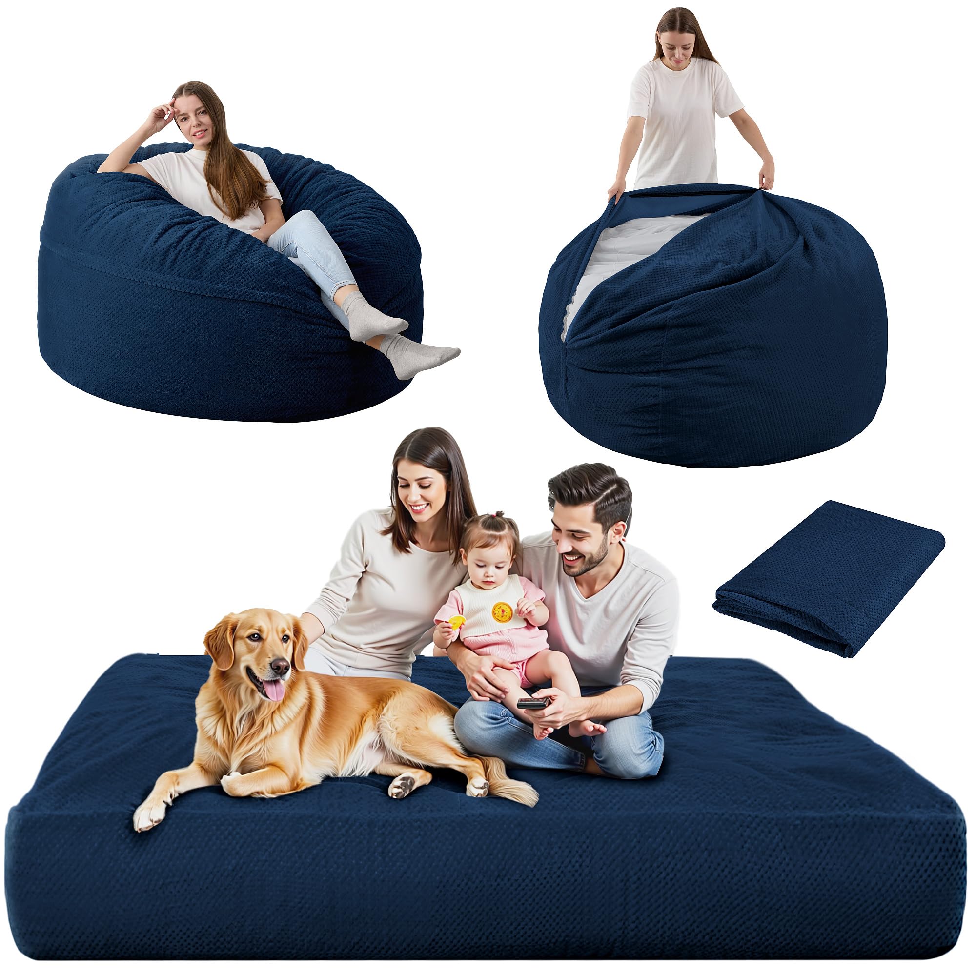 HABUTWAY Giant Bean Bag Chair with Washable Chenille Cover - Ultra Soft Convertible Bean Bag from Chair to Mattress - Huge Chenille Bean Bags for Adults, Couples & Family (Royal Full) - Perfect for Living Room, Bedroom, Game Room & Dorm Relaxation