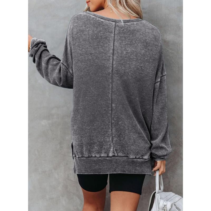 Oversized Waffle Knit Sweatshirt for Women - Split Hem Long Sleeve Crewneck Pullover | Casual Loose Fit Tops for Fall & Winter | Perfect for Coffee Dates, Weekend Outings & Cozy Layering