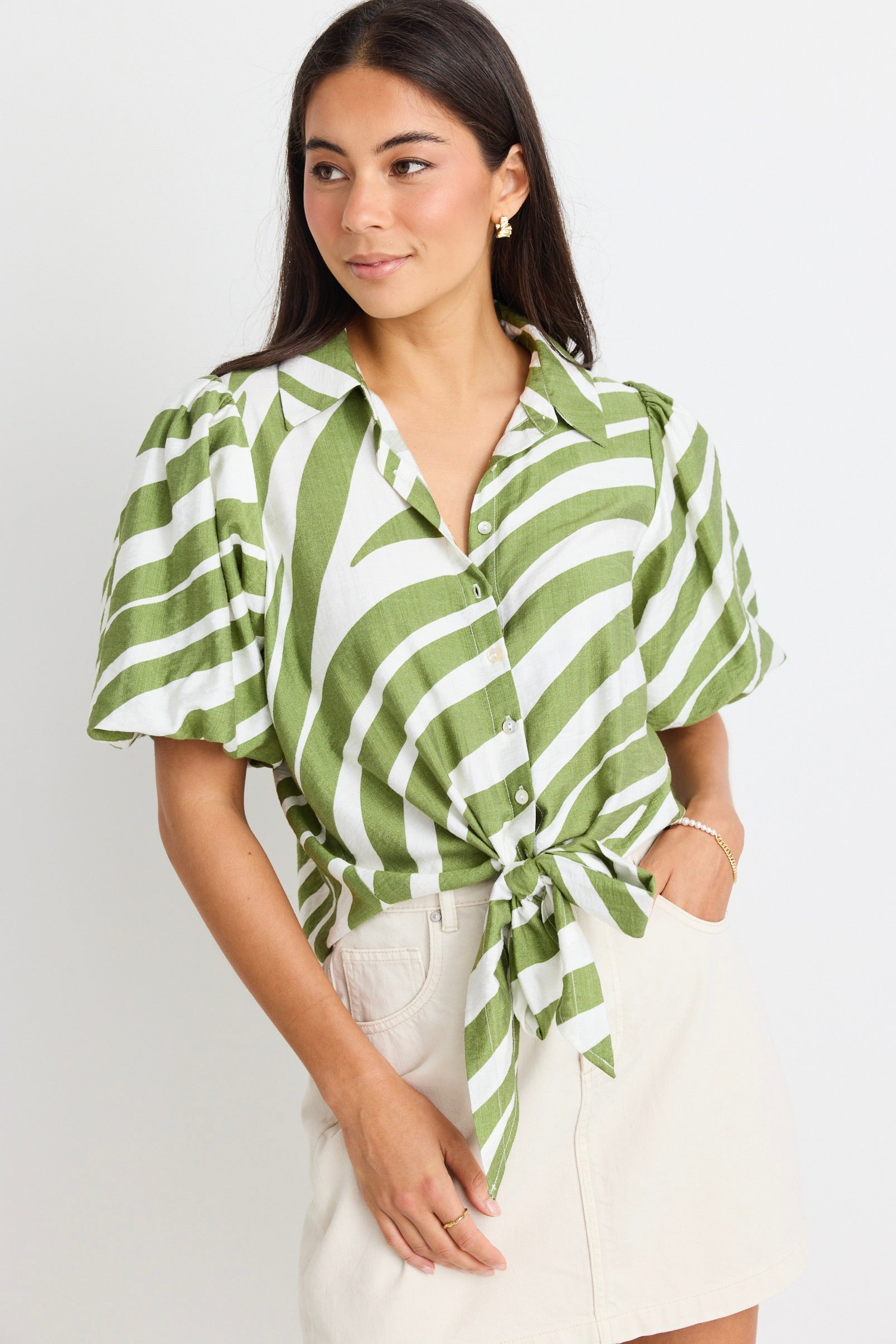Stylish Green Zebra Print Tie Front Short Sleeve Shirt for Women - Perfect for Summer Outfits, Casual Wear & Office Fashion
