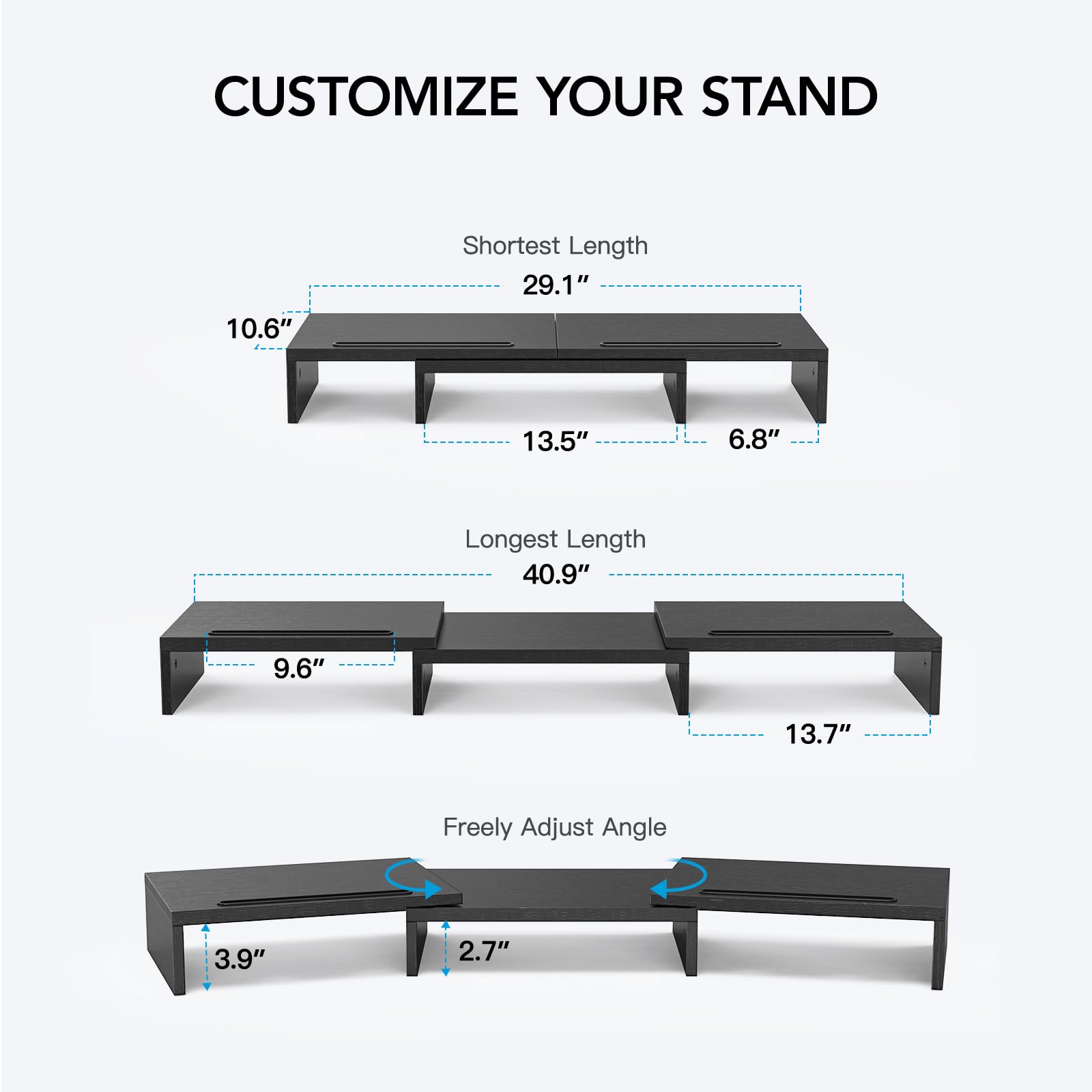 HUANUO Dual Monitor Stand Riser - Adjustable Desk Mount for 2 Screens with Storage Slots, Multi-Purpose Computer Monitor Shelf for PC, Laptop, Home & Office Workspace - Black (Space-Saving Desk Organizer for Productivity)