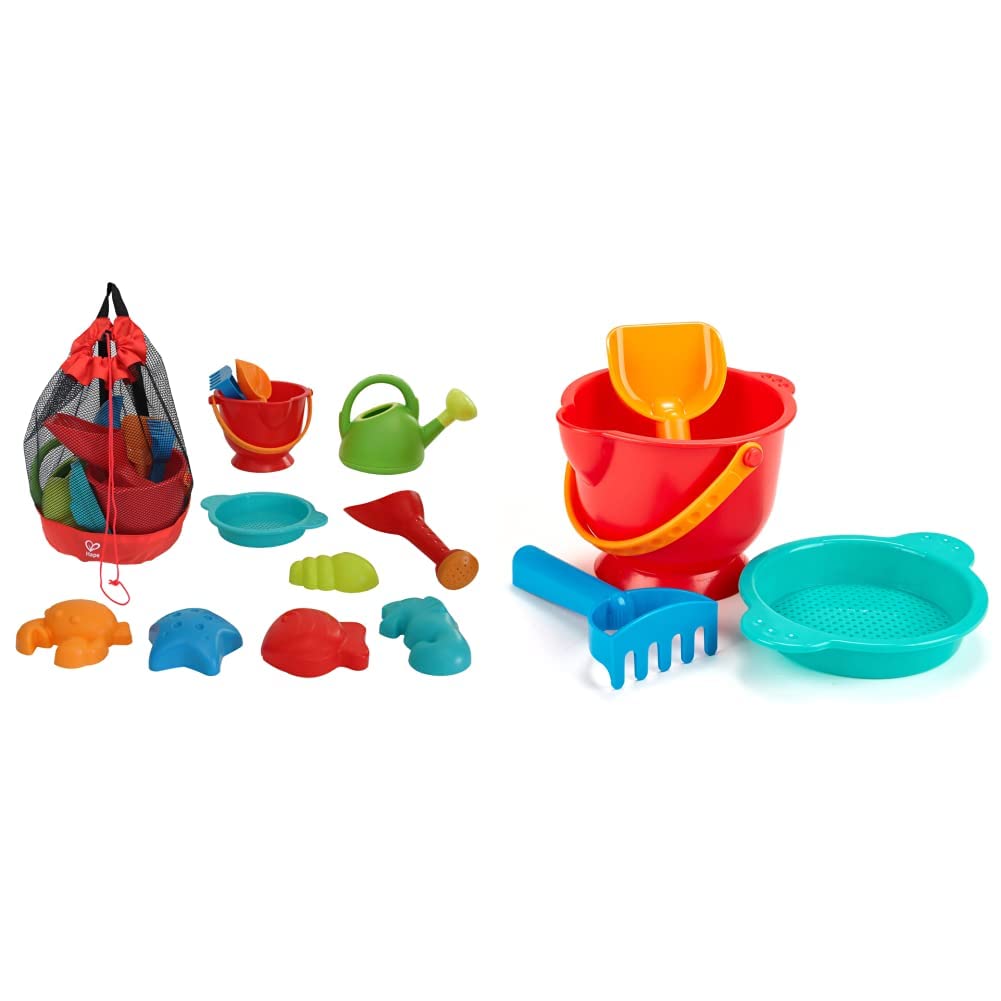 Hape Beach Toy Essential Set - Sand Toy Pack with Mesh Bag, Bucket Sifter, Rake & Shovel Toys (Multicolor, E8603) | Perfect for Kids Beach Activities, Sandcastle Building & Outdoor Water Play
