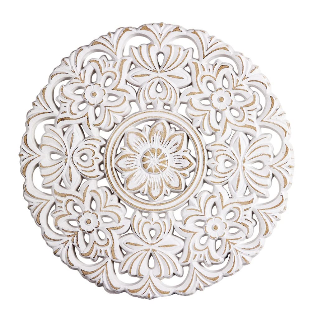Vintage Wooden Wall Panel Floral Heritage Round Wall Art - White Rustic Wood Wall Plaque Decor for Living Room, Bedroom & Home - Perfect for Farmhouse, Boho & Coastal Interior Design Styles