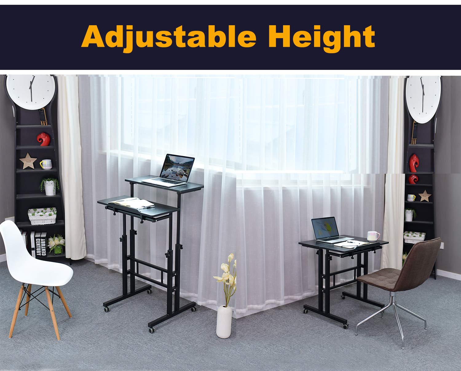 AIZ Mobile Standing Desk - Adjustable Height Rolling Laptop Cart with Wheels for Home Office | Portable Computer Workstation for Small Spaces | Standing & Sitting Ergonomic Desk (Black) - Perfect for Remote Work, Studio Apartments & Shared Workspaces