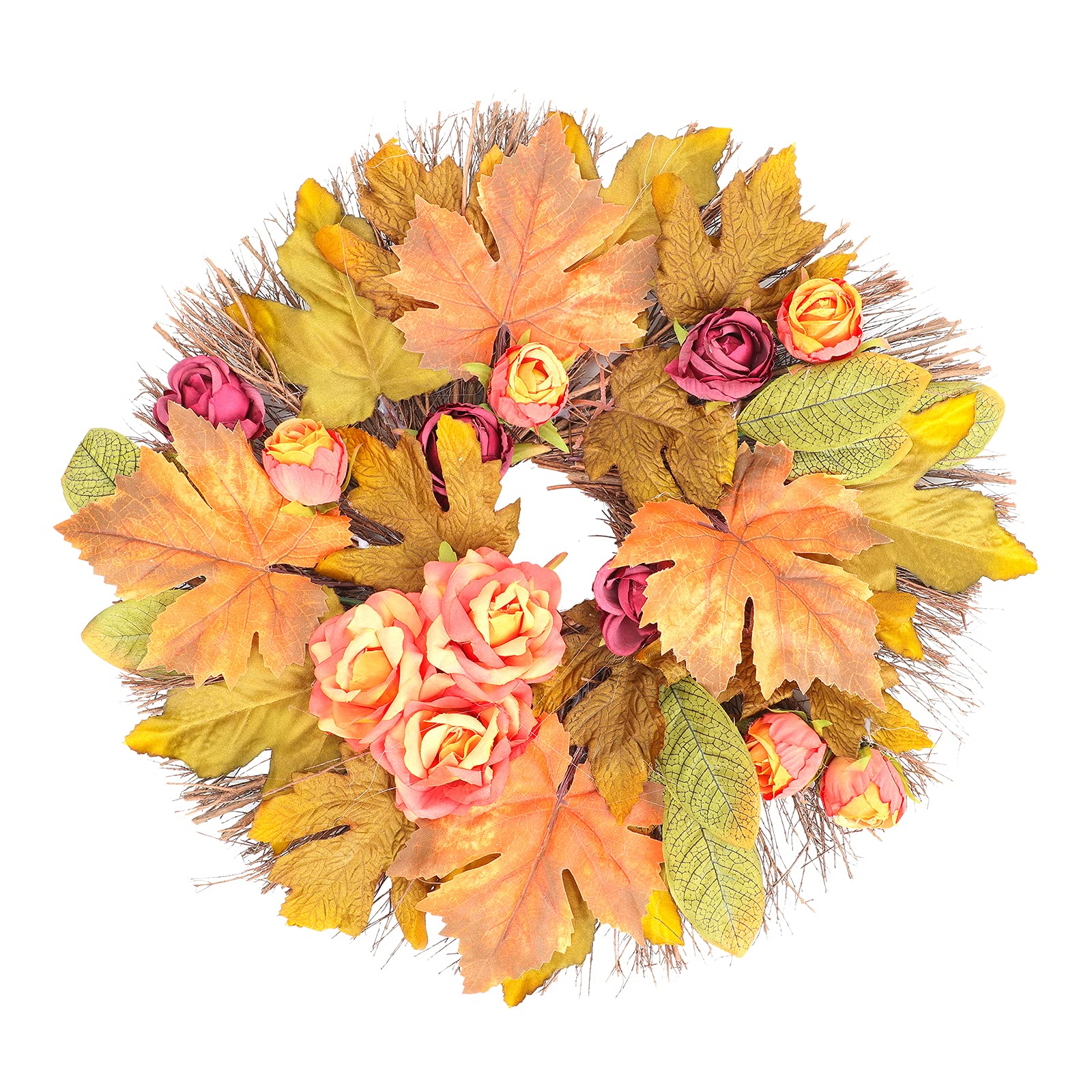 Amosfun Artificial Rose Flower Wreath - Cane Design Orange Floral Wreath for Door Decor, Wedding Party Favors, Home & Garden Decoration - Perfect for Spring Decor, Bridal Shower, and Front Door Welcome Wreath