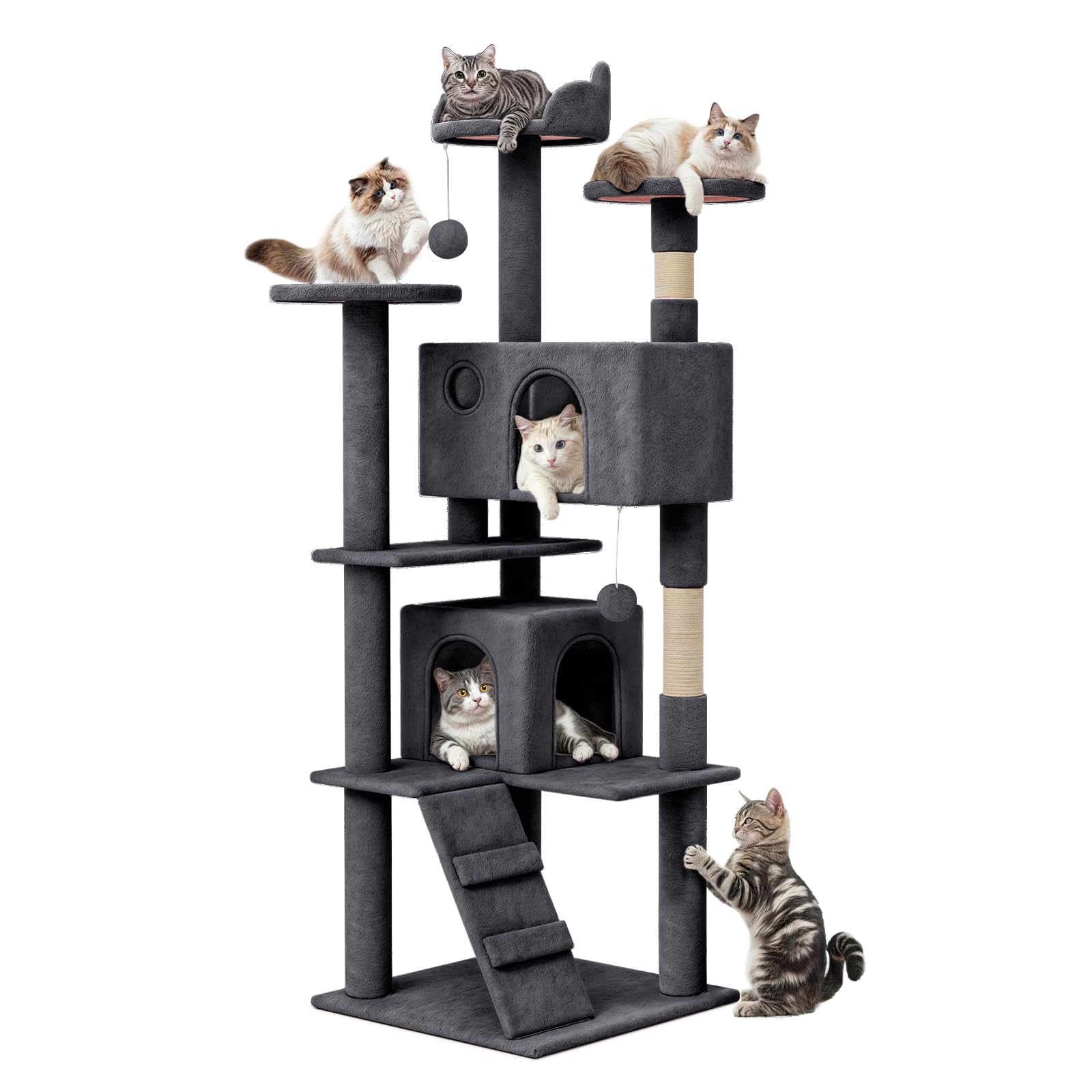 MoNiBloom 60 Inch Cat Tree Tower with 2 Cat Condos, Scratching Posts & Perches - Multi-Level Cat Climbing Furniture for Indoor Cats (Smoky Grey) - Perfect for Small Spaces, Apartments & Playful Kittens