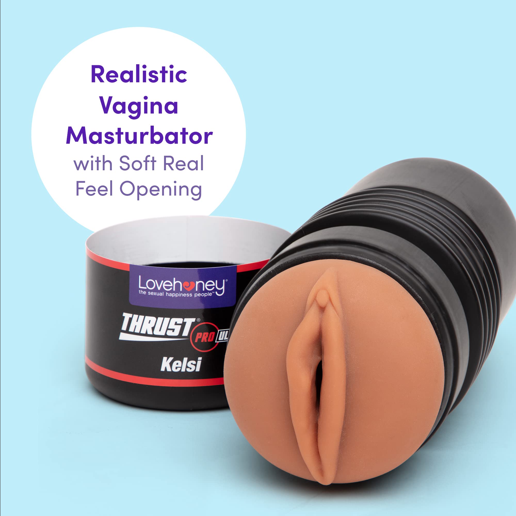 Lovehoney Thrust Pro Ultra Kelsi Male Masturbator Cup - 6 Inch Realistic Vagina Sex Toy with Textured Canal & Vibration Compatible - Waterproof Flesh Tan Male Pleasure Device for Solo Play & Couples Use - Perfect for Travel, Discreet Storage & Enhancing Intimacy