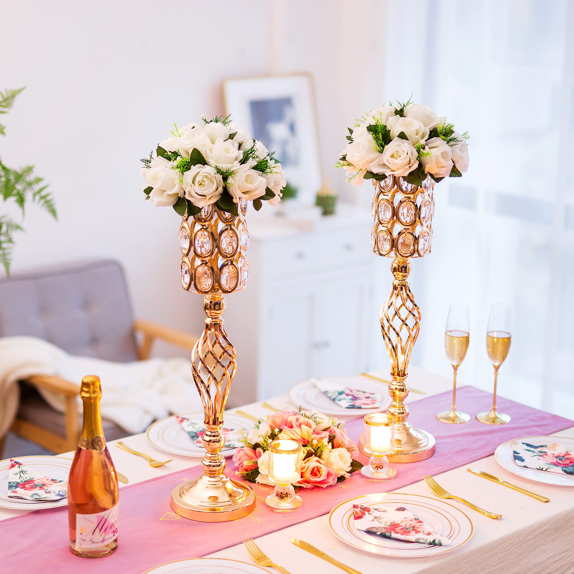 Elegant Gold Tall Vases for Wedding Centerpieces - Set of 2 with Crystal Bling Stones, Metal Flower Stand for Birthday, Anniversary, Party Decor - Perfect for Table Decorations, Home Decor & Special Events