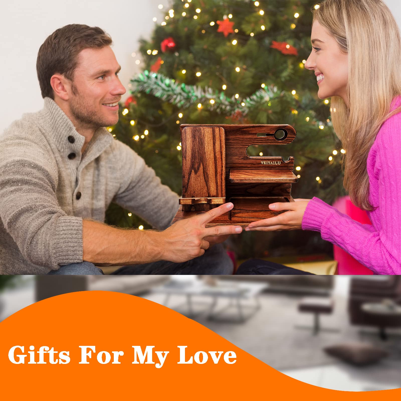 **Premium Wooden Phone Stand Holder - Best Birthday Gift for Men, Father's Day Gift from Daughter or Son - Nightstand Organizer for iPhone & Android - Elegant Brown (Perfect for Bedside, Office & Travel)**