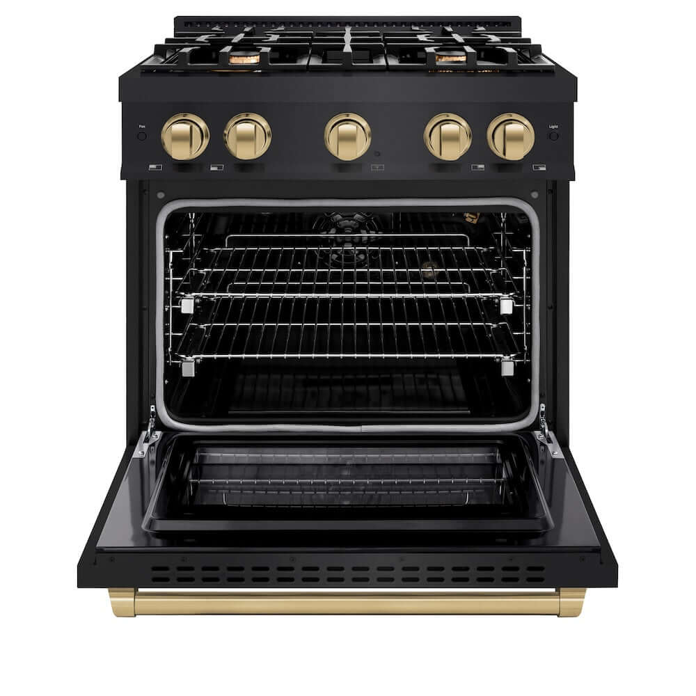 ZLINE Autograph Edition 30-Inch 4.2 cu. ft. Gas Range with 4-Burner Cooktop & Convection Oven - Black Stainless Steel with Champagne Bronze Accents (HGRBZ 30 CB) - Perfect for Modern Kitchens & Professional Cooking