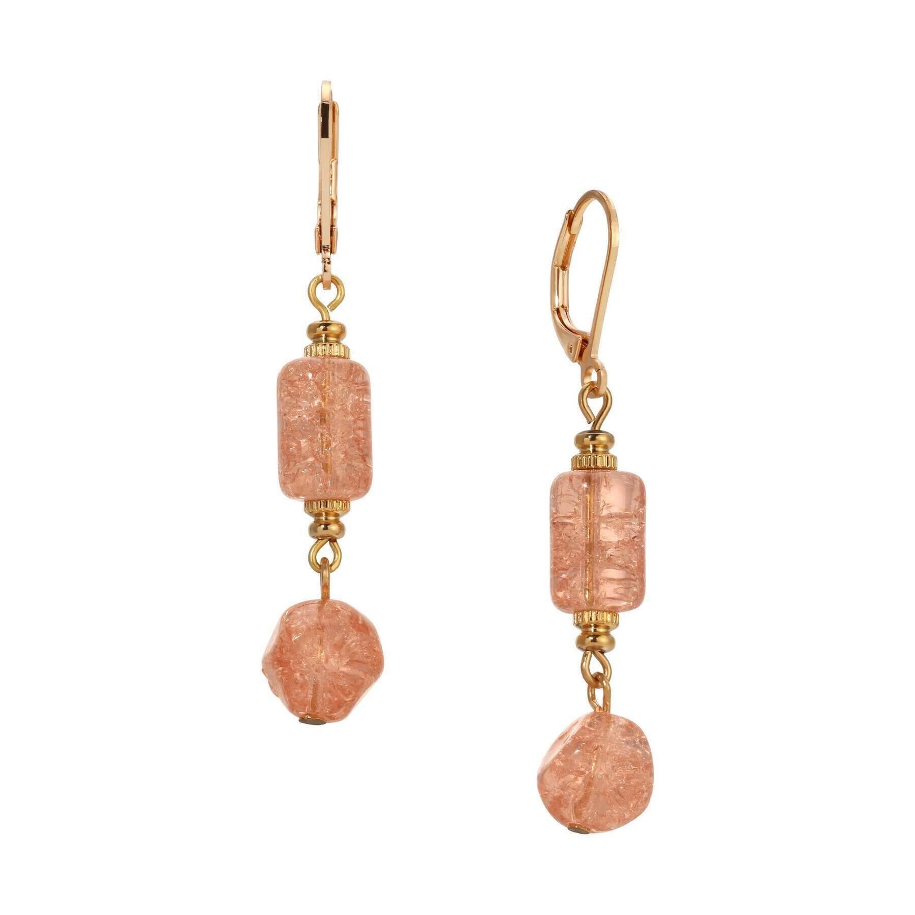 1928 Vintage Beaded Peach Cracked Glass Dangling Earrings - Handmade Retro Jewelry for Women, Perfect for Weddings, Parties & Special Occasions