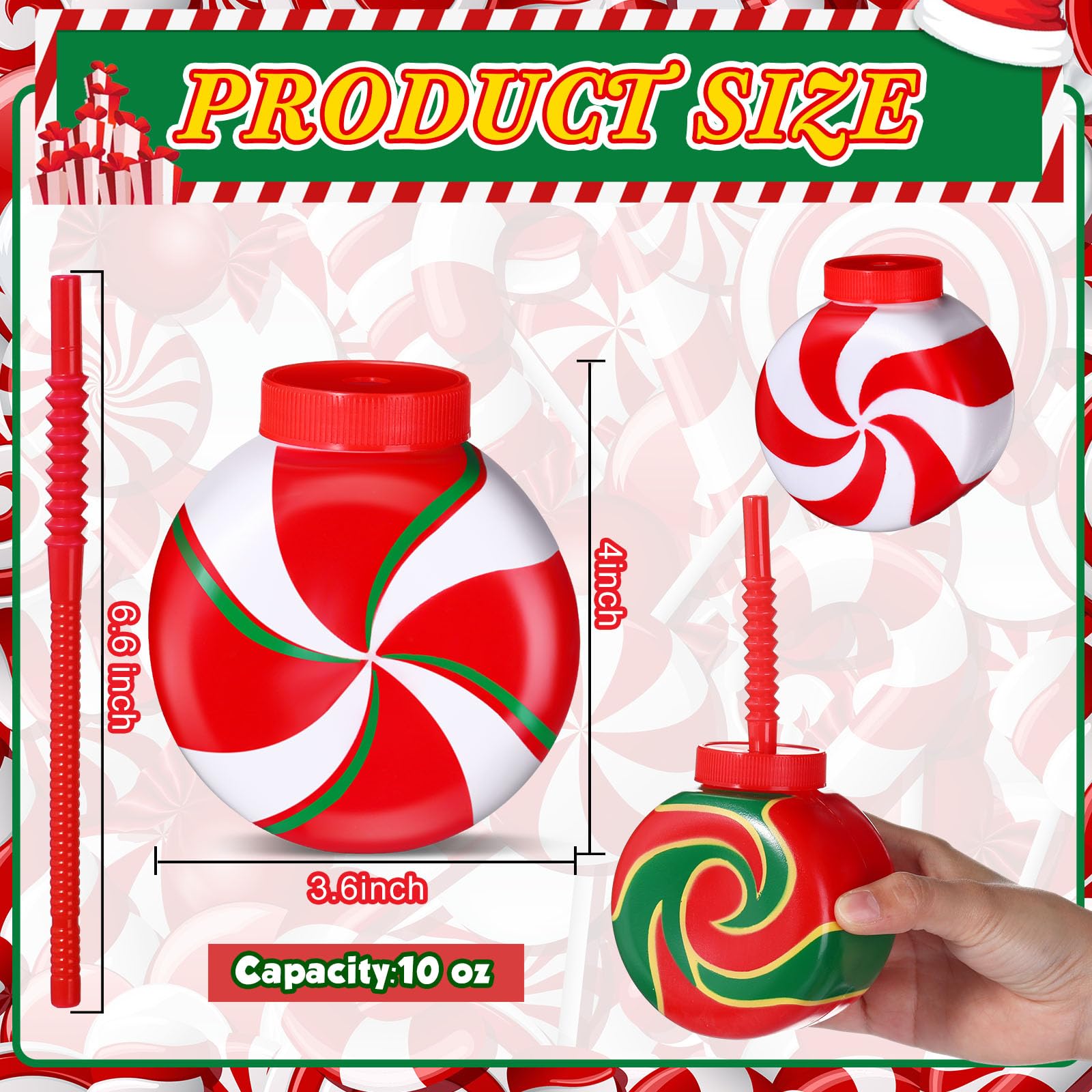 12-Piece Christmas Party Plastic Cups Set - 10 oz Xmas Tree, Gingerbread, Peppermint & Snowflake Design with Lids & Straws - Holiday Party Supplies for Christmas, Birthday Celebrations & Gift Giving (Lollipop Pattern)