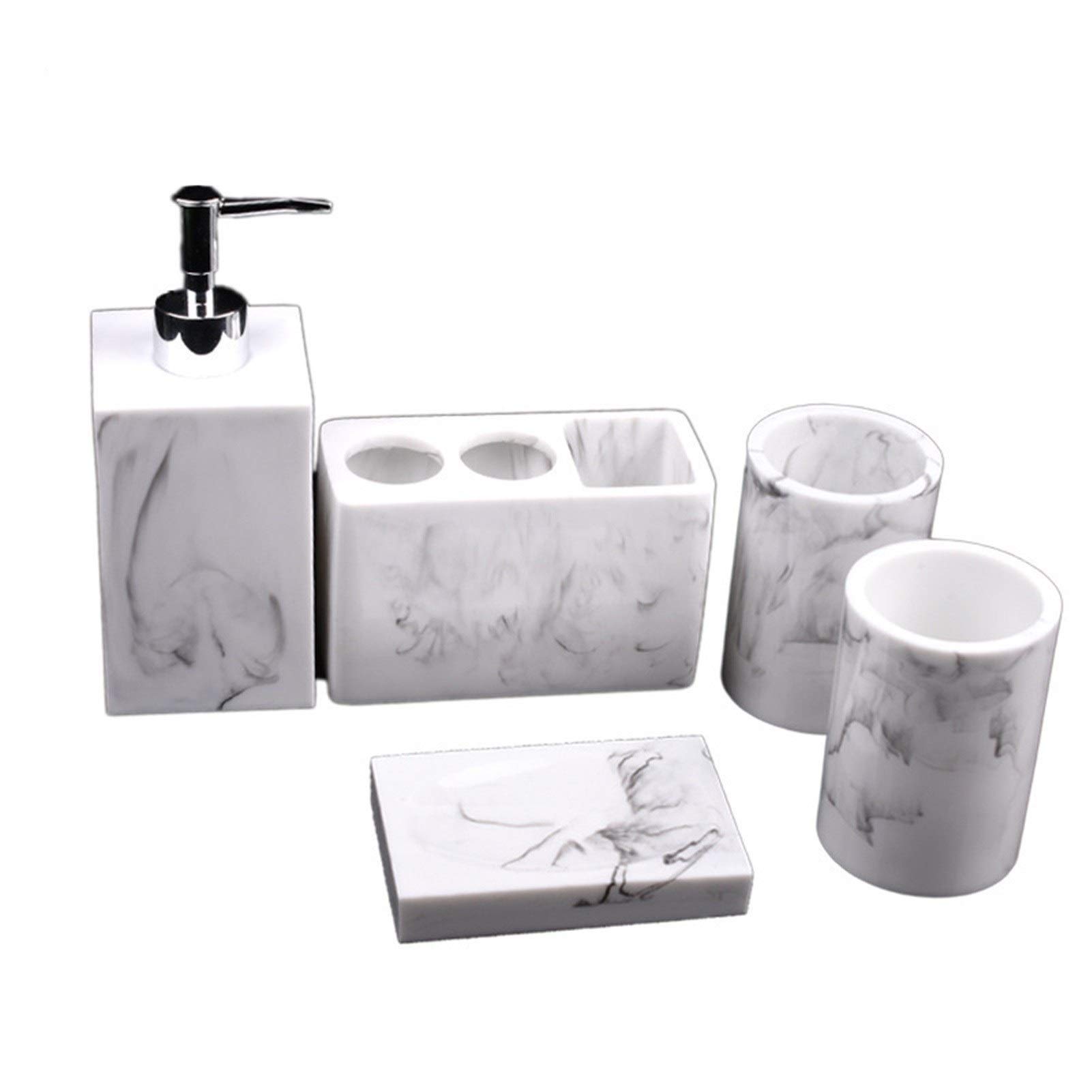 Premium 5-Piece Resin Bathroom Accessories Set - Soap Dispenser, Toothbrush Holder, Gargle Cup & Soap Dish - Elegant White Hotel-Style Decor for Home, Apartment or Vacation Rental Bathrooms