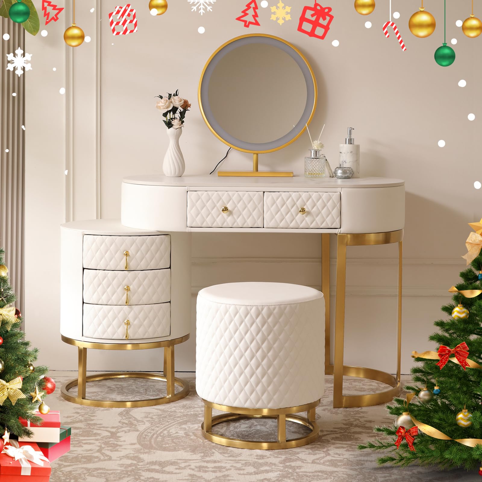 Luxury White Faux Leather Vanity Desk Set with LED Mirror & Stool - Perfect for Dressing & Makeup