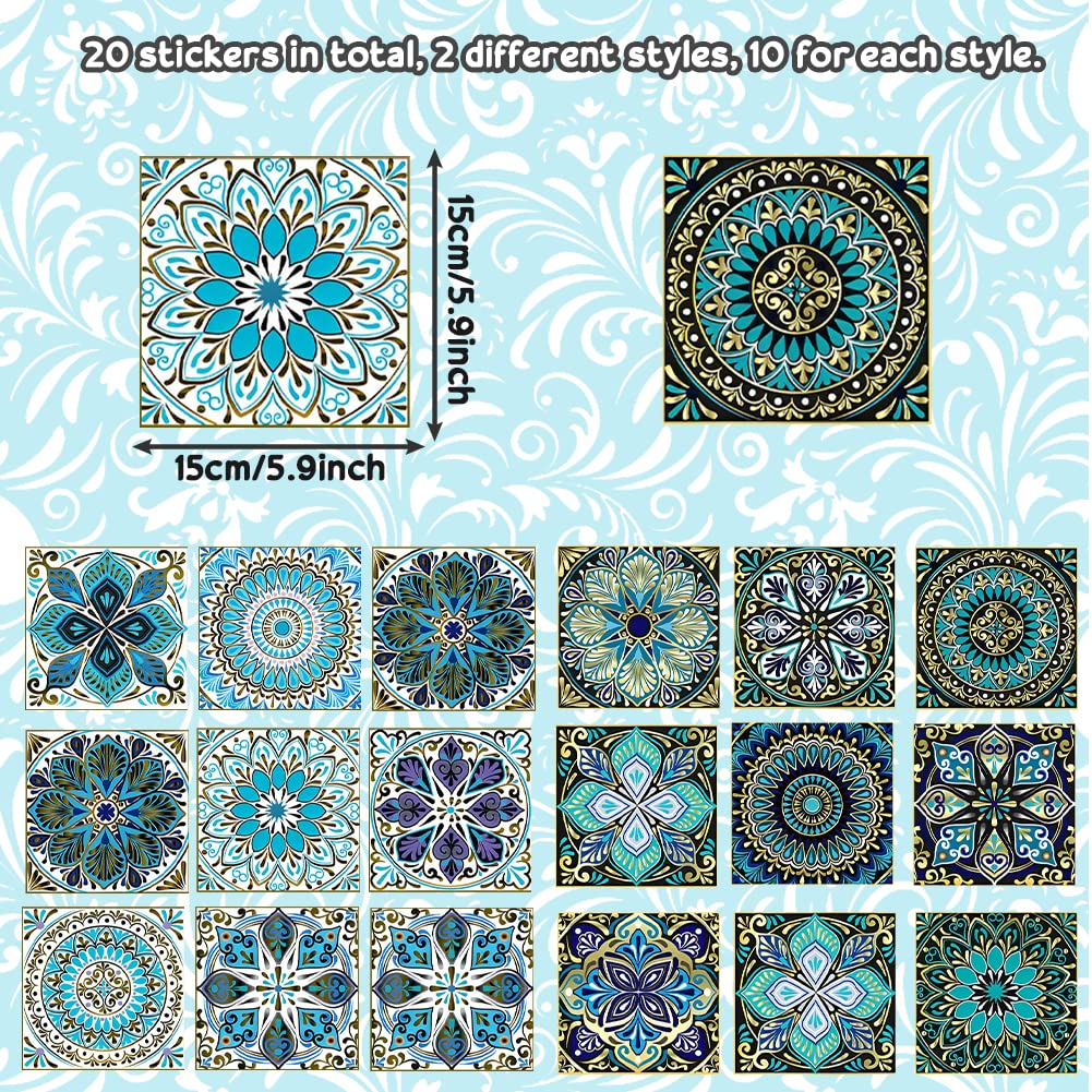 20 Pcs Moroccan Style Tile Stickers 15x15cm - Waterproof Peel and Stick Wall Decals for Kitchen, Bathroom, Bedroom, Stairs - Easy DIY Home Decor & Renovation Solution