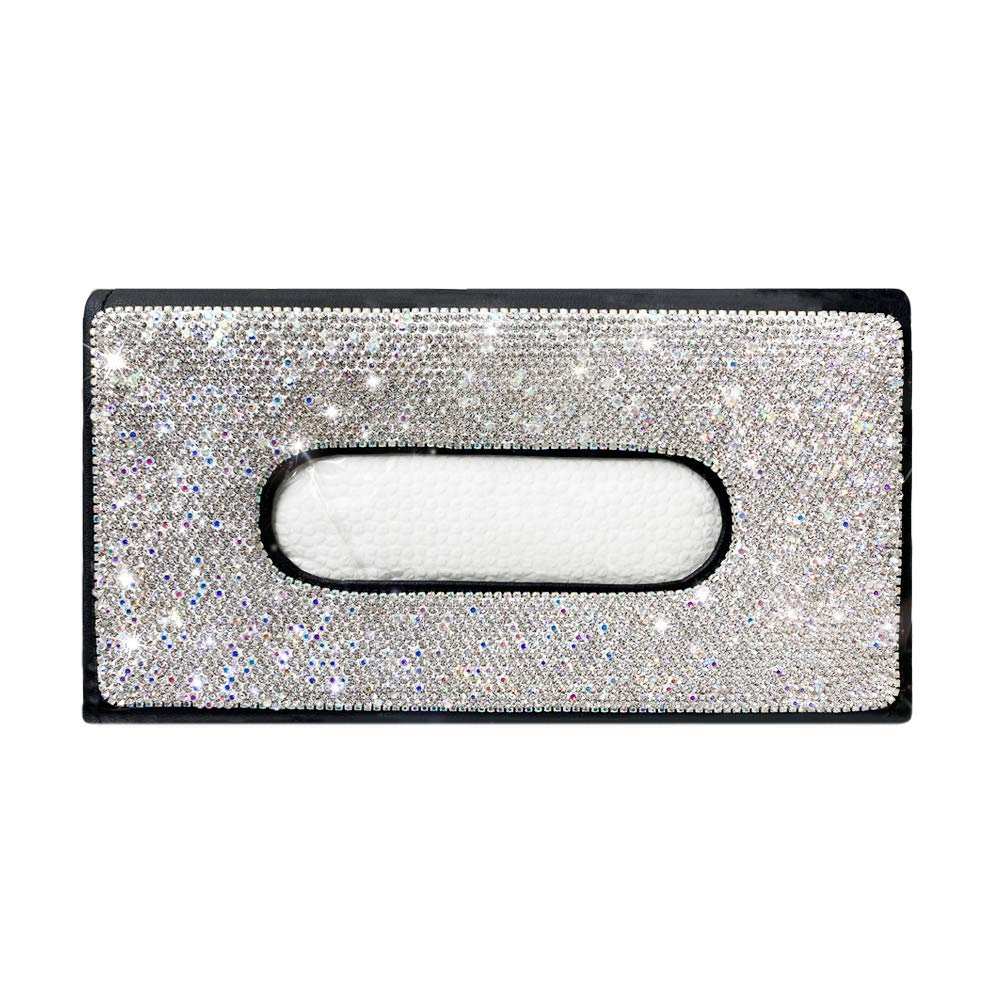 Sparkling Rhinestone PU Leather Napkin Holder - Car Backseat Hanging Tissue Box Organizer - Bling Bling Sun Visor Paper Case for Car, Home & Office (Black + White) - Perfect for Road Trips, Dining & Decor