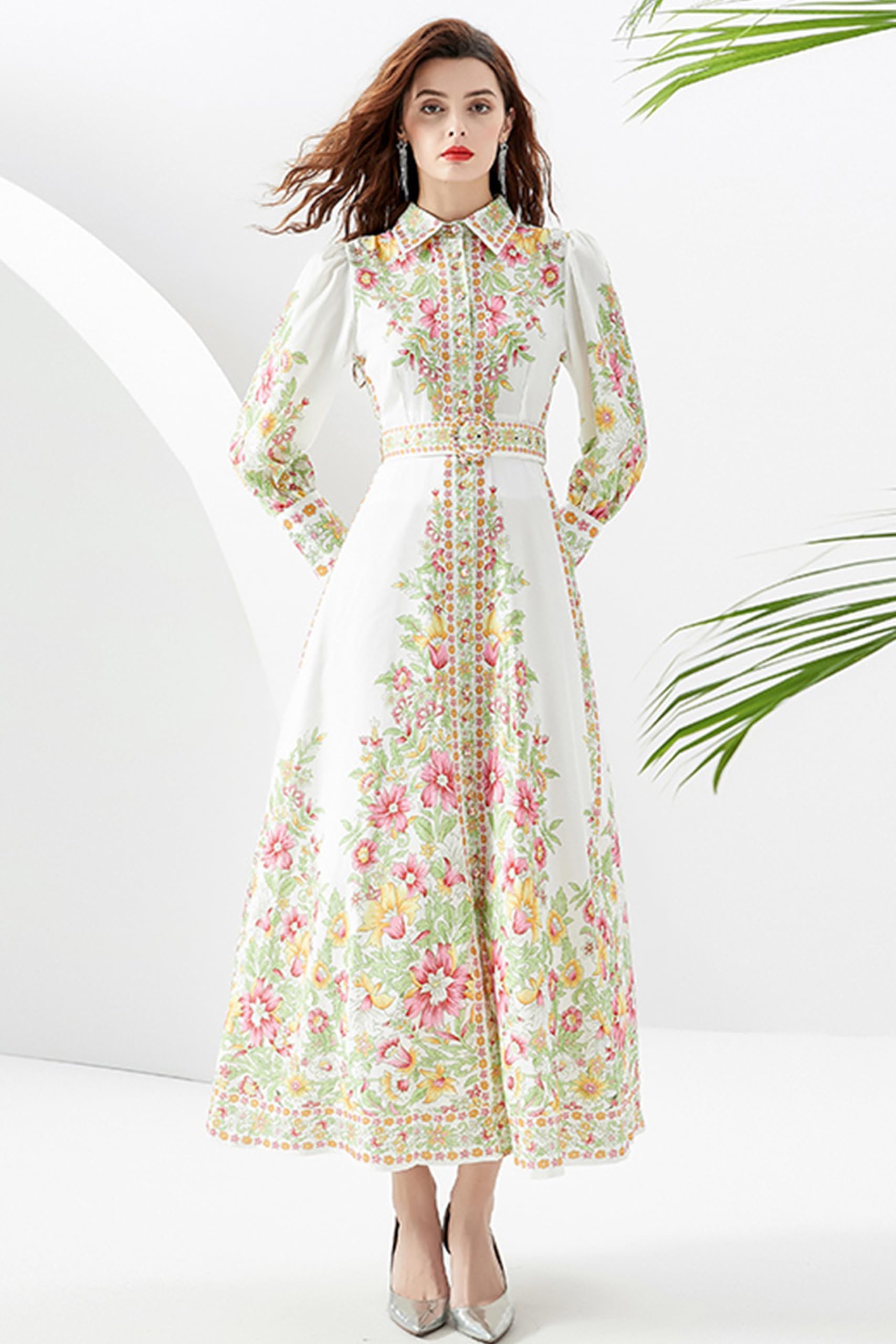 Women's Floral Print Maxi Dress with Belt - Flowy Casual Button Up Long Dress with Side Slit | Perfect for Summer Outings, Beach Vacations & Boho Chic Style