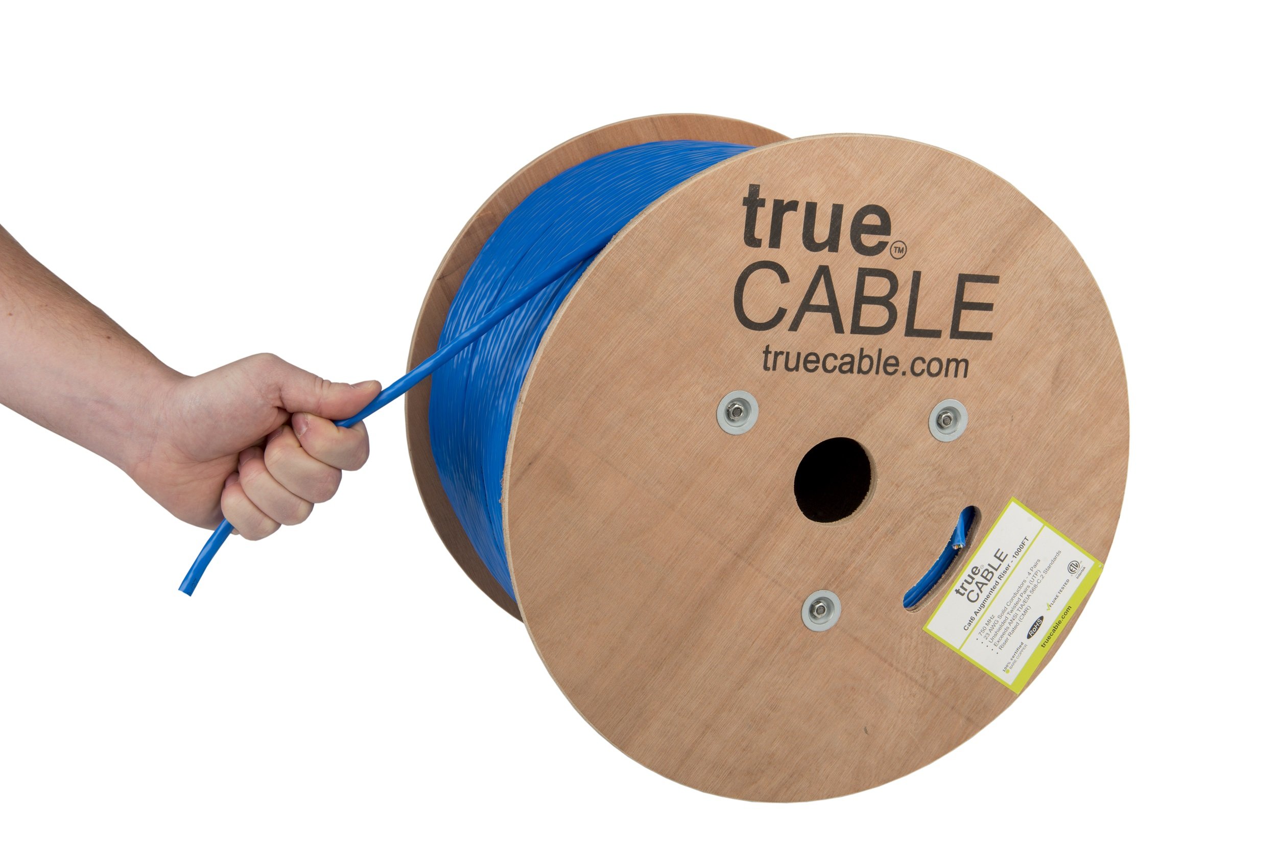 trueCABLE Cat6A Riser (CMR) Ethernet Cable - 1000ft Blue 23AWG 4-Pair Solid Bare Copper, 750MHz, PoE++ (4PPoE) - Unshielded Twisted Pair (UTP) Bulk Network Cable - ETL Listed for Office & Data Center Installations