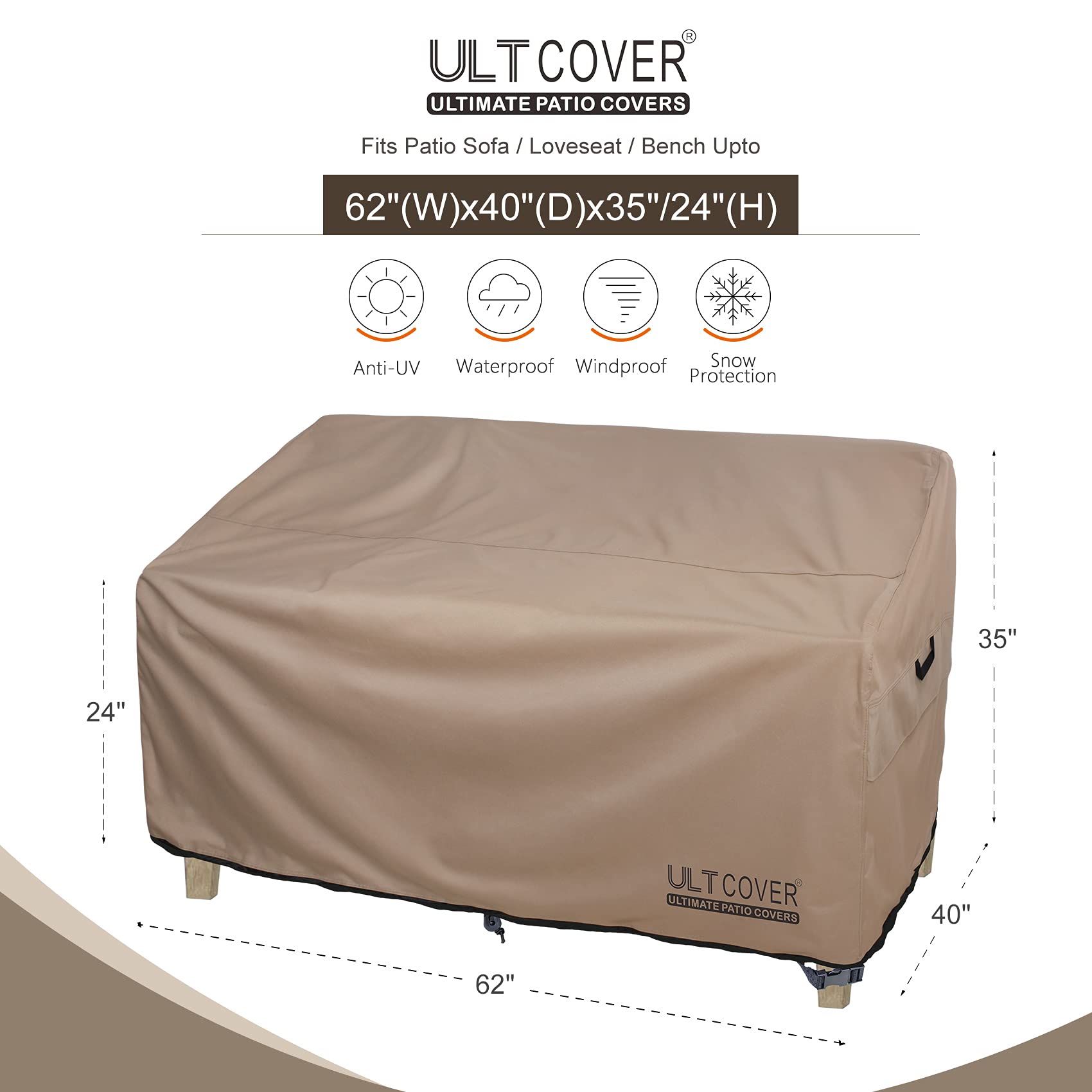 ULTCOVER Waterproof Outdoor Sofa Bench Cover 62x40x35 Inches - Heavy Duty Patio Furniture Protection for Deep Seat Loveseats, All Weather Use for Rain, Snow & Sun